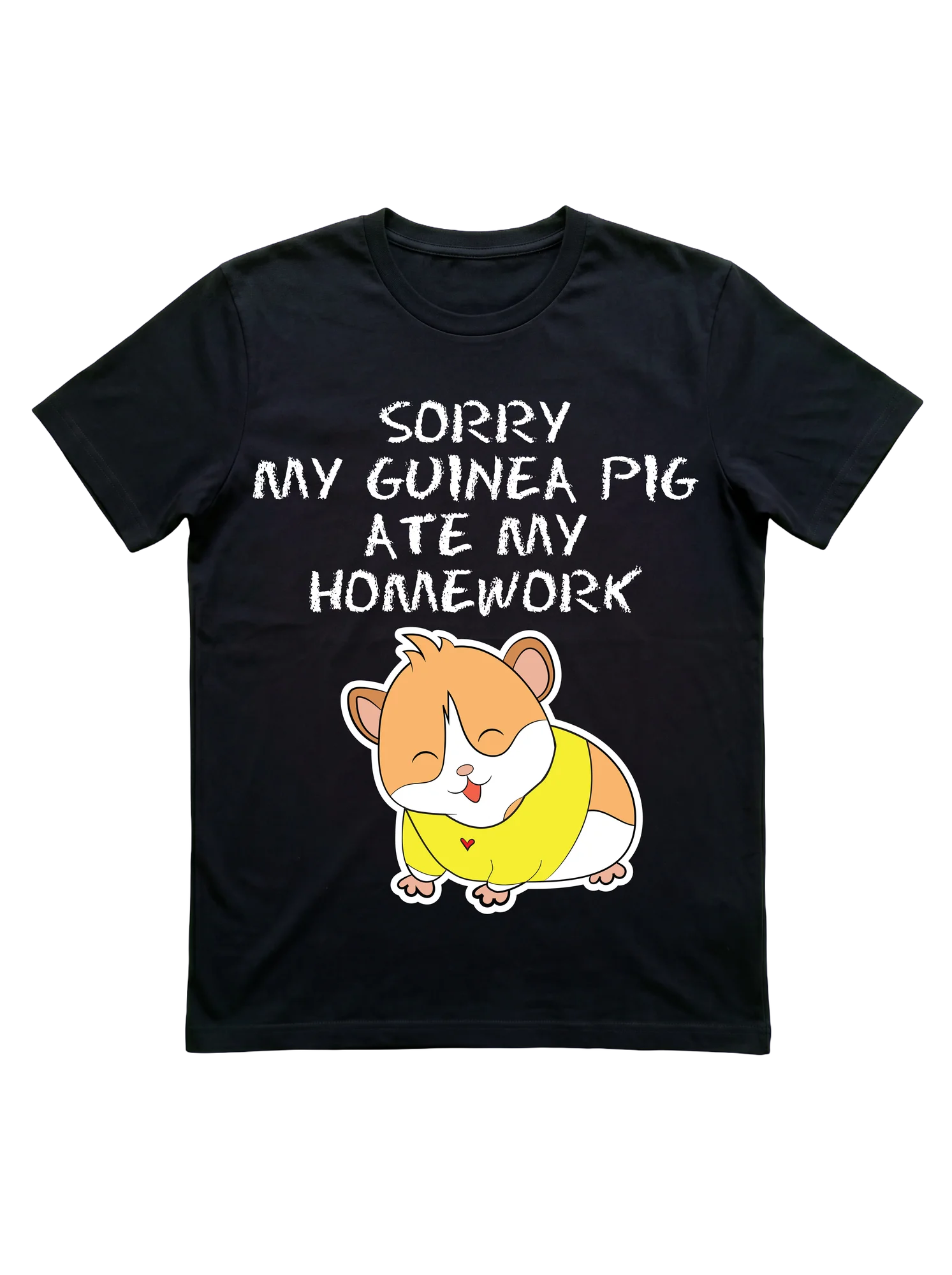 Round kawaii guinea pig illustrated in warm orange and white, wearing a small yellow t-shirt with a red heart motif at center. Eyes closed in a content expression, tongue slightly visible. Character sits on the lower half of a plain white background, rendered in clean black outline illustration.