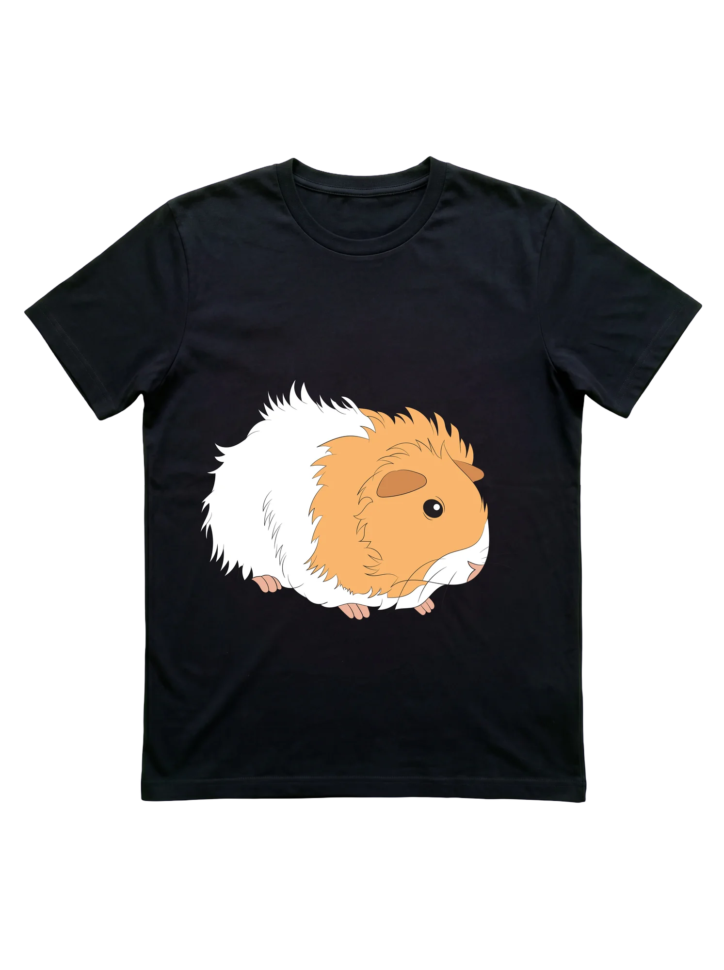A softly illustrated guinea pig with a round, fluffy body in warm orange and tan tones, rendered with detailed spiky coat texture, small pink feet, and fine whiskers. Front-facing pose with a single round dark eye. Centered character-forward composition on a clean white ground.