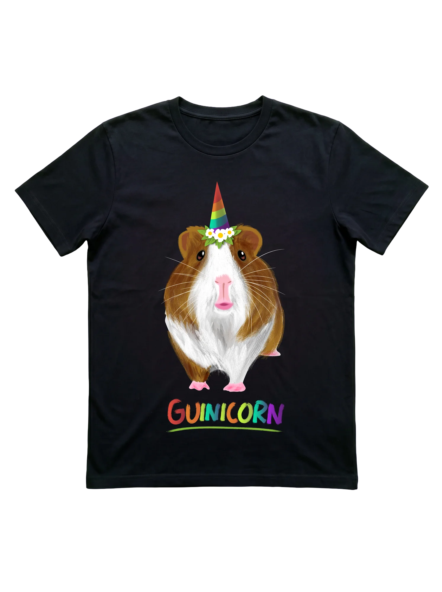 Brown-and-white guinea pig in centered standing pose, rainbow unicorn horn above a daisy flower crown, solid black background. Pink paws at base. GUINICORN in multicolored brush lettering below. Character-forward composition with a festive rainbow palette across horn, lettering, and crown.