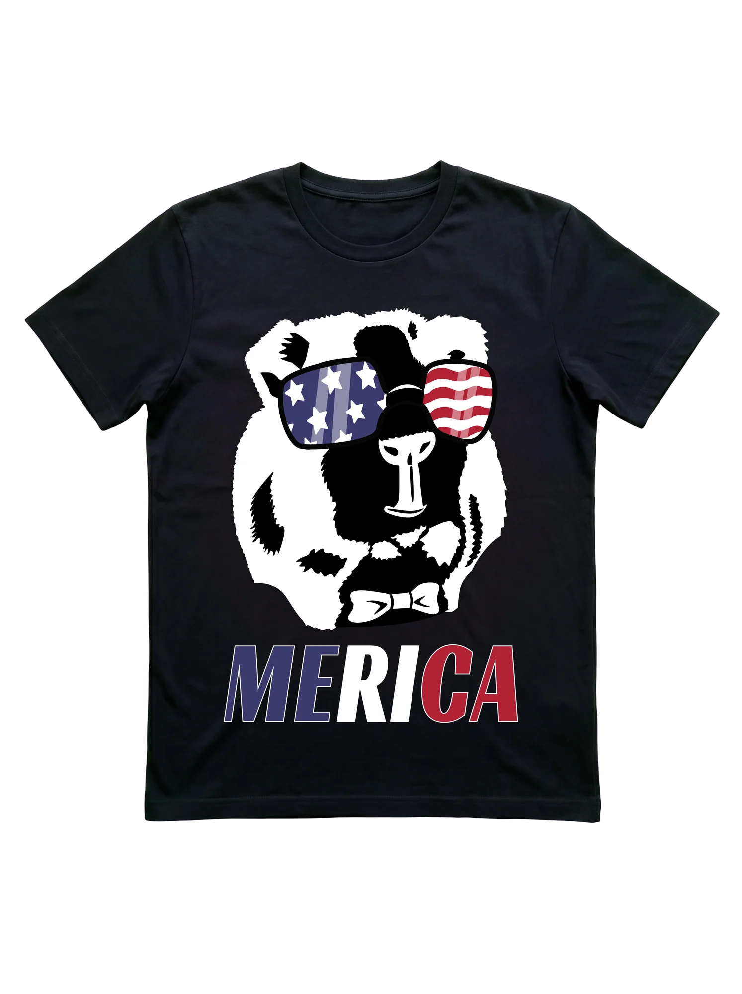 High-contrast black-and-white stylized guinea pig on a black background, wearing oversized American flag sunglasses with a star-field left lens and red-and-white stripe right lens, and a white bow tie at the chest. Bold tricolor MERICA block text anchors the base in blue, white, and red.