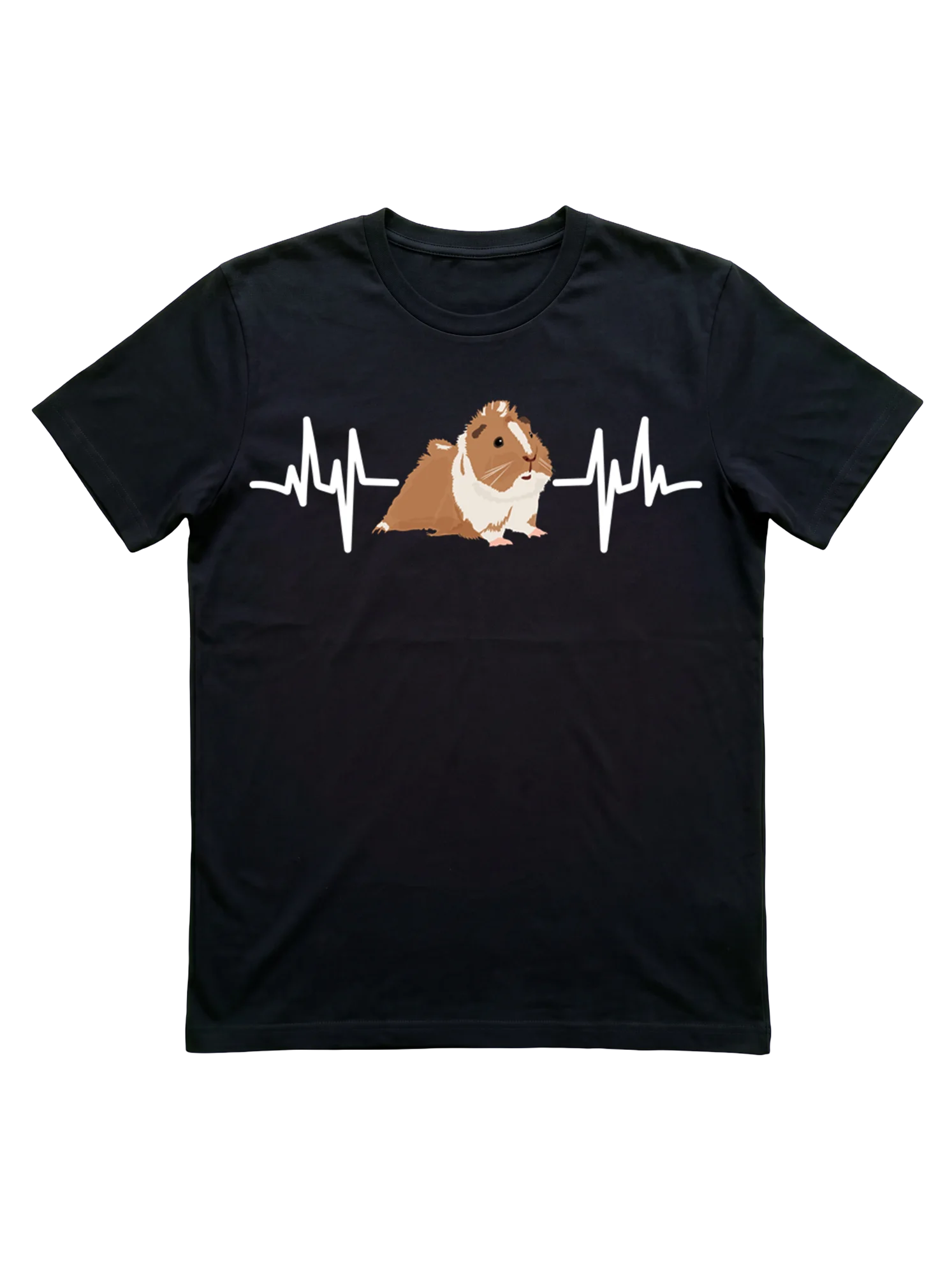 A photorealistic illustration of a brown and white guinea pig in a relaxed seated pose, rendered with warm caramel and cream fur tones, visible whiskers, and pale pink paws. The animal faces slightly right, positioned centrally on a white background in an upper-chest print area.