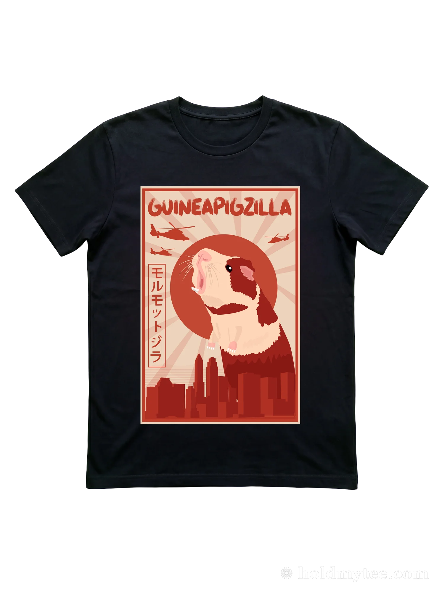 Whether you read the rumble-strut as drama or war cry, this kaiju cavy t-shirt scales it up