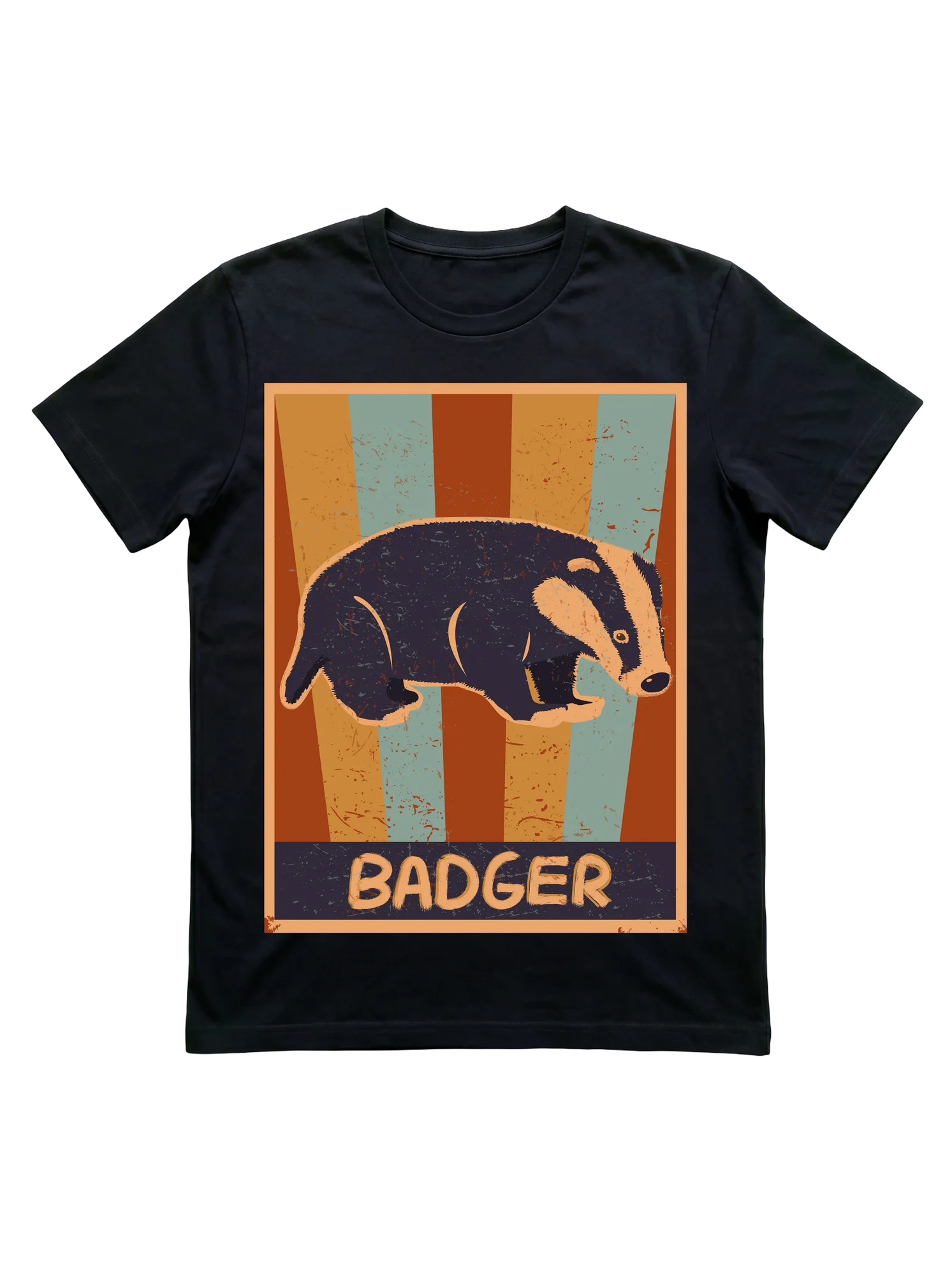 Vintage wildlife poster badger walks across retro stripes on a t-shirt