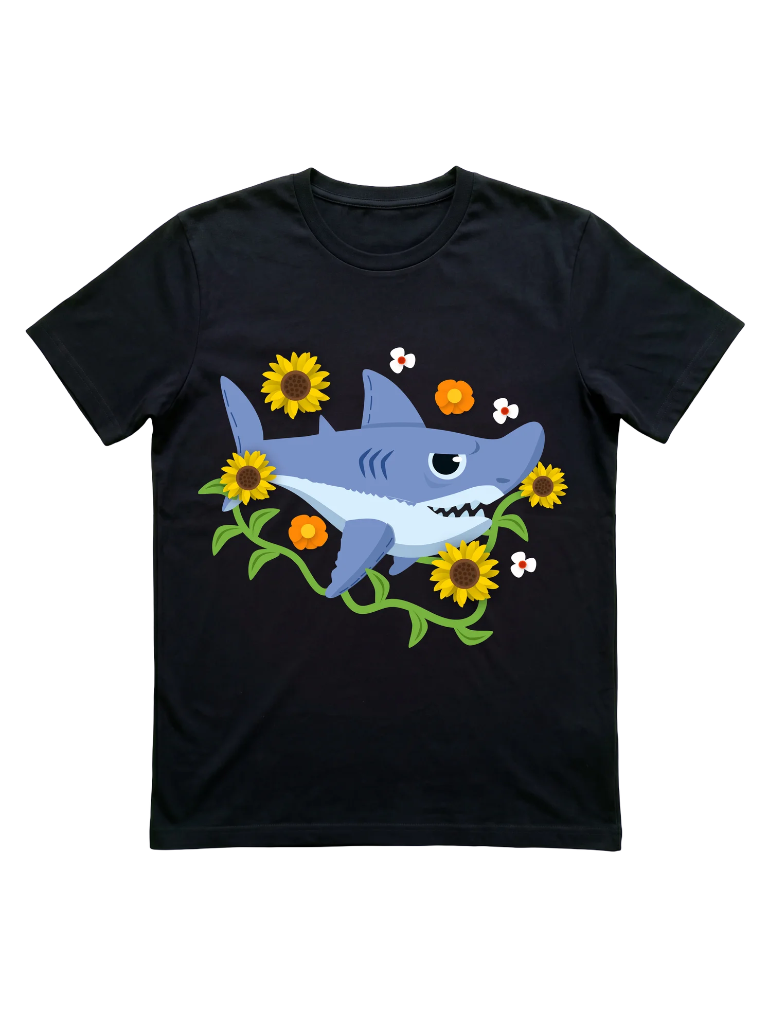 Floral Shark T-Shirt with Sunflowers on Black