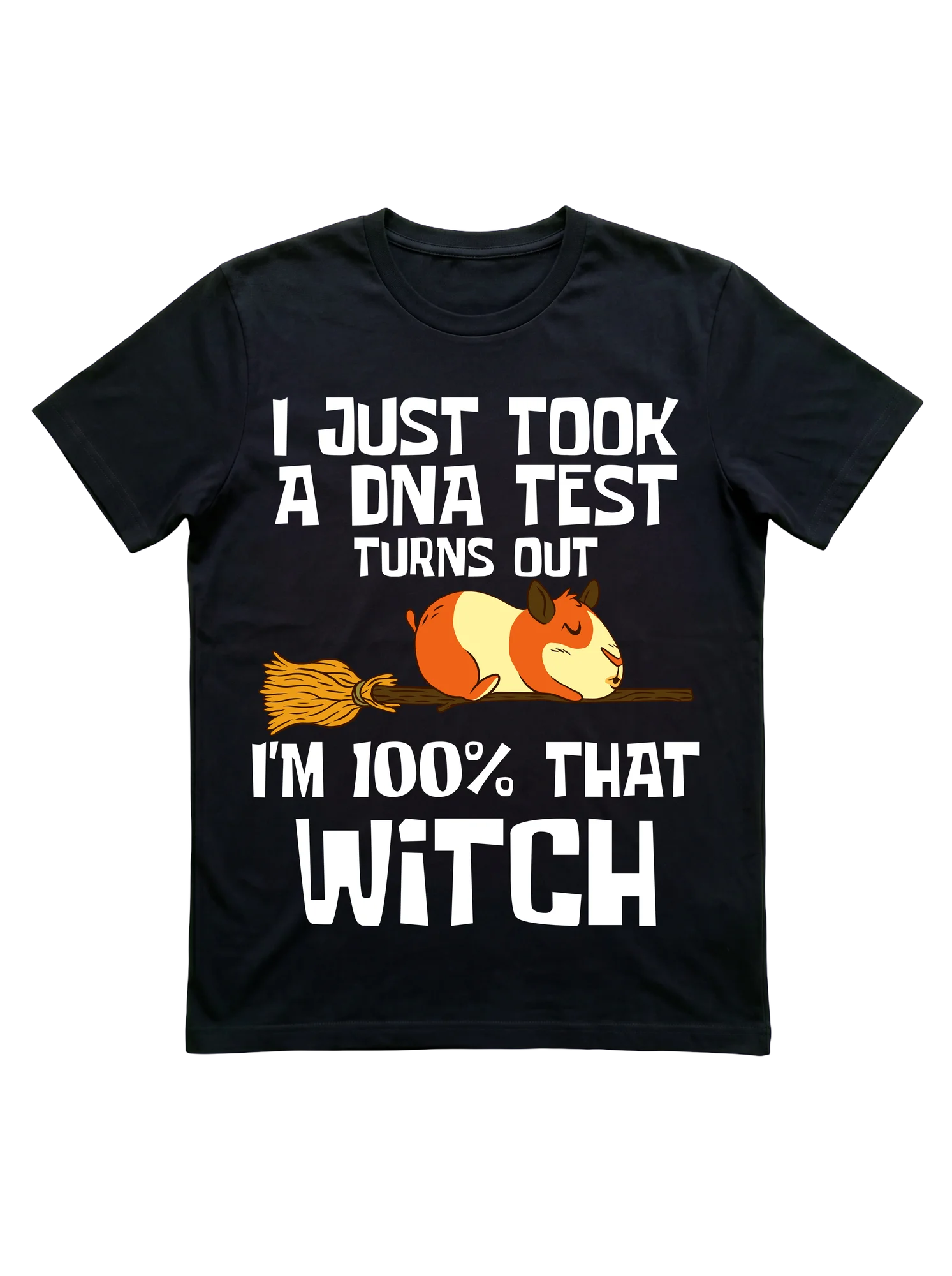 Black background with bold stacked white block lettering running top and bottom. Center features a round cartoon guinea pig in warm orange-cream tones, eyes closed, lying flat on a golden broomstick. Typography reads as setup above and punchline below the illustration.