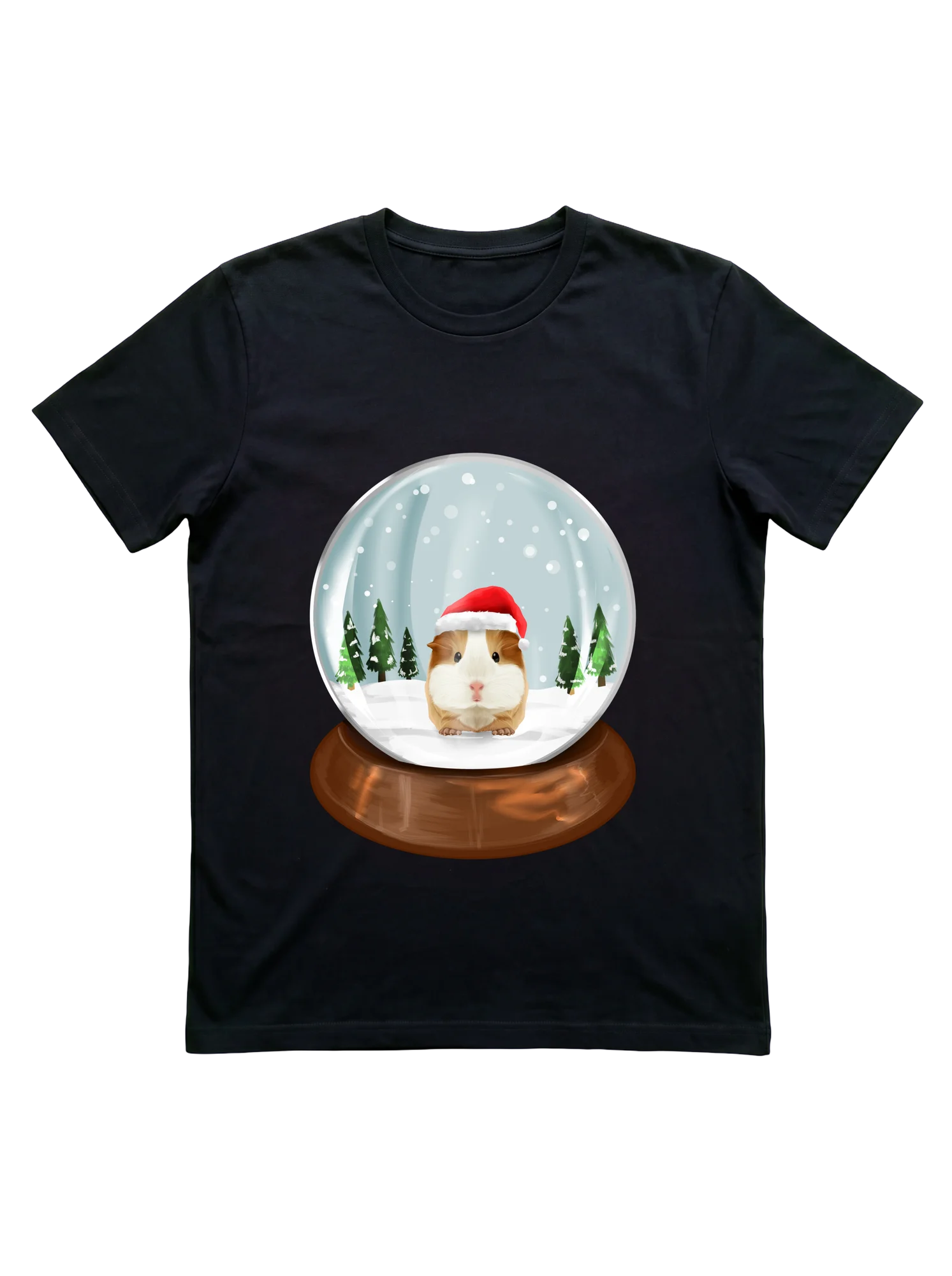 A photorealistic brown-and-white guinea pig wearing a slightly tilted red Santa hat stands inside a clear glass snow globe on a warm walnut-brown wooden base. Snow-dusted green Christmas trees and a pale blue winter sky fill the background, with white snow dots drifting inside the globe.