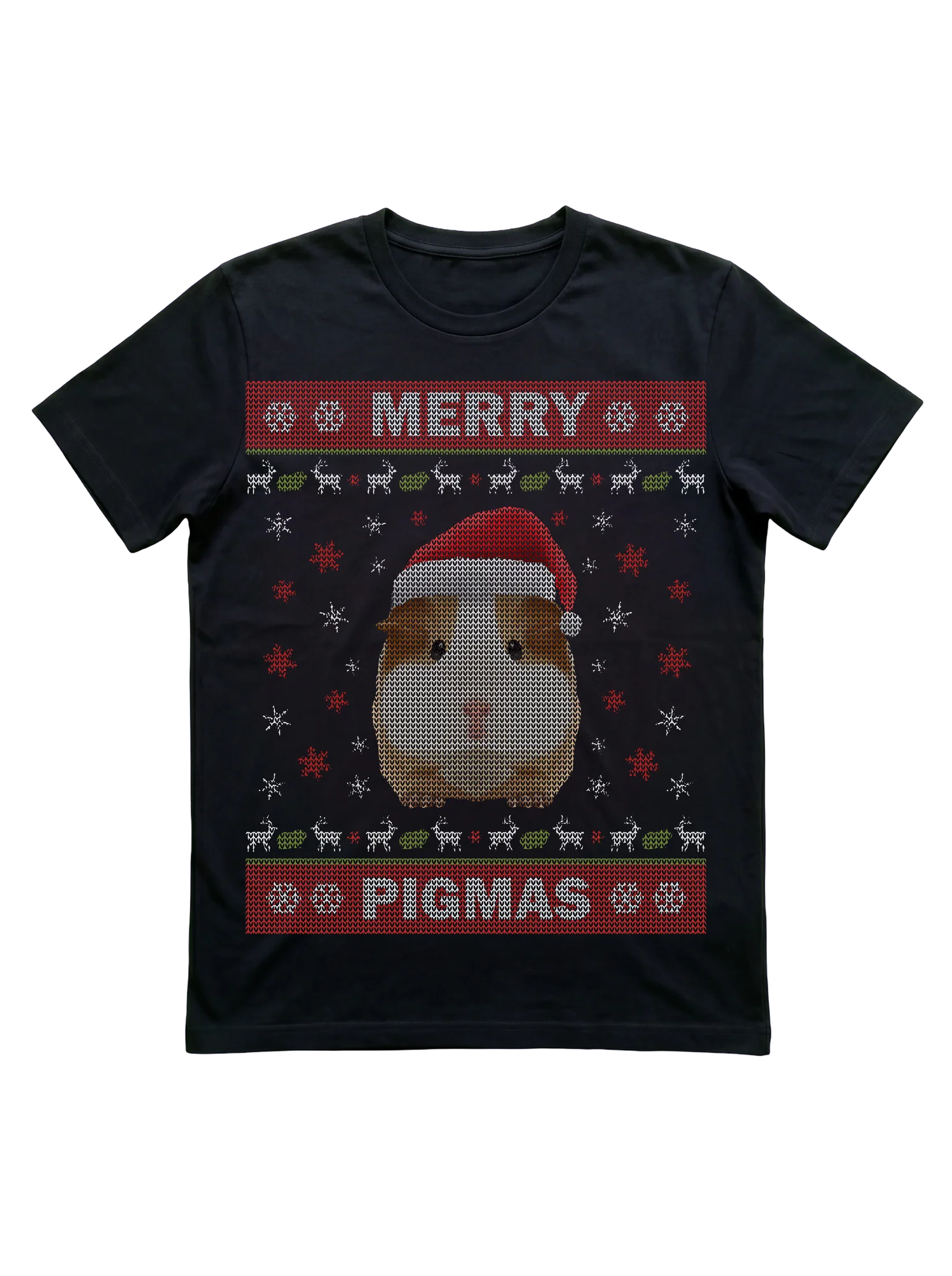 Black background, full ugly-sweater knit-texture treatment throughout. Centered tan-brown guinea pig portrait wearing a red Santa hat. Surrounding field of white and red knitted snowflakes, white reindeer silhouettes, green mitten shapes. 'MERRY' in block sweater-font lettering across the top band, 'PIGMAS' across the bottom.