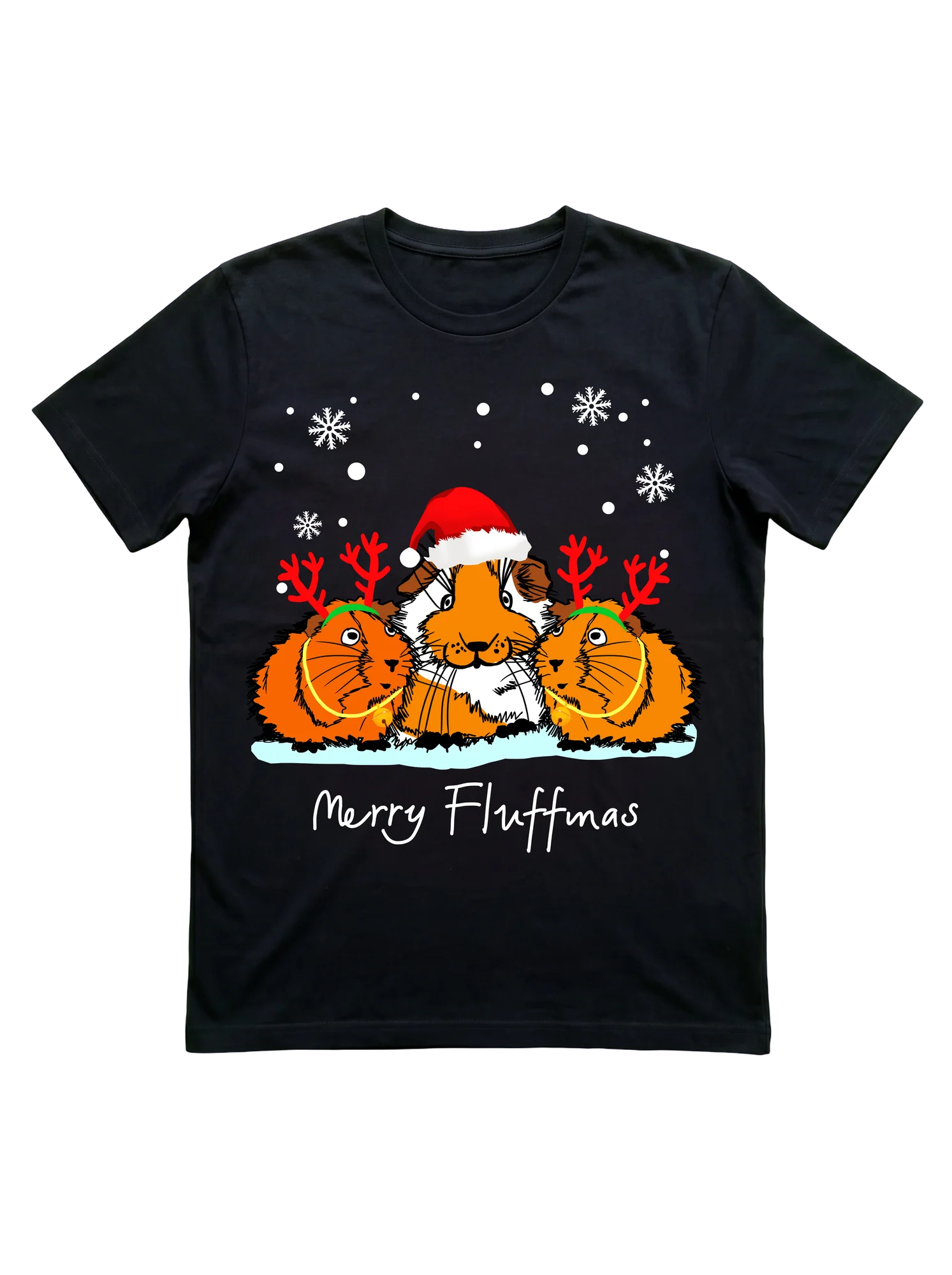 Three golden-orange guinea pigs centered on a black background: the middle one wears a red Santa hat, the flanking two sport red reindeer antlers on green headbands with gold bells. A snow base and scattered white snowflakes frame the trio. White cursive script below reads Merry Fluffmas.