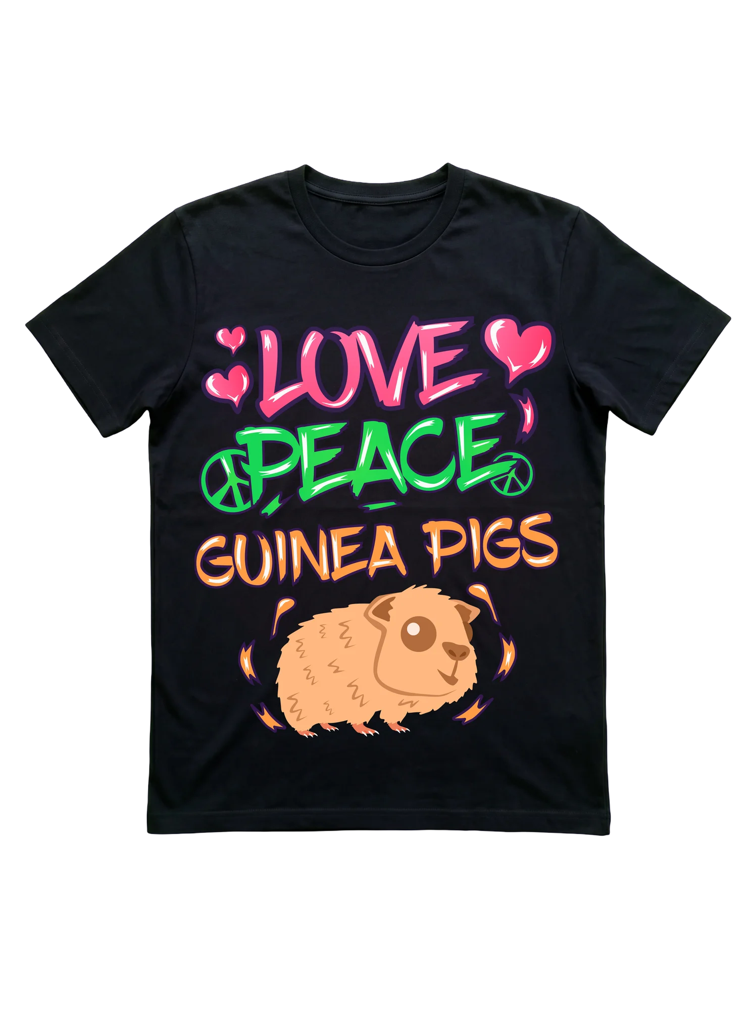 Stacked graffiti-style lettering in hot pink, bright green, and orange on a black background. Pink heart icons flank the top word; peace symbols bracket the middle word. A tan kawaii-style cartoon guinea pig sits beneath the typographic stack, outlined in dark purple with small motion marks radiating outward.