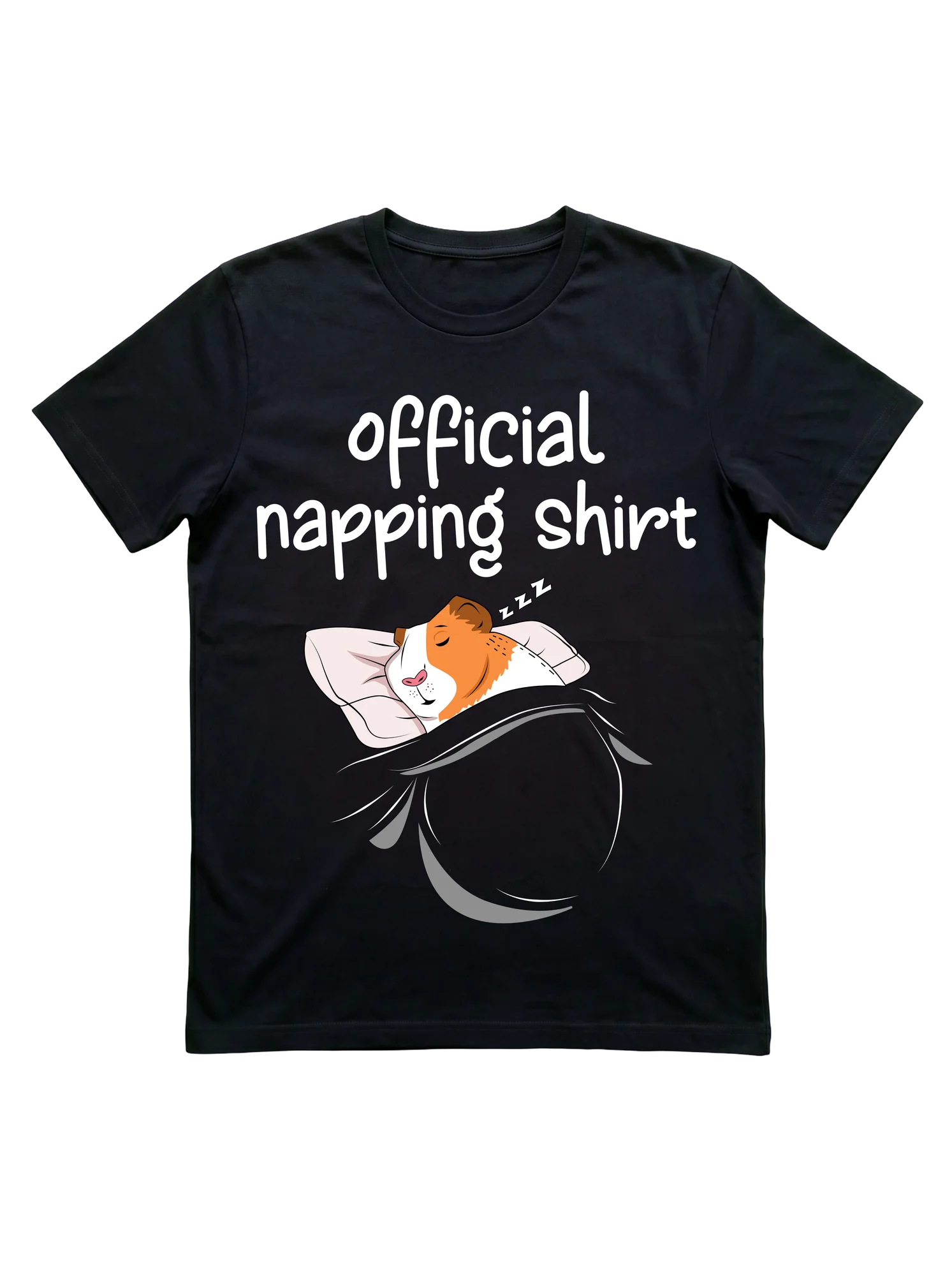 Orange, brown, and white cartoon guinea pig sleeping in a white-blanketed bed, arms folded behind its head in a human-like resting pose. Three italic Z letters float above. Clean white background. Warm, soft color palette. Character-centered composition with no supporting text.