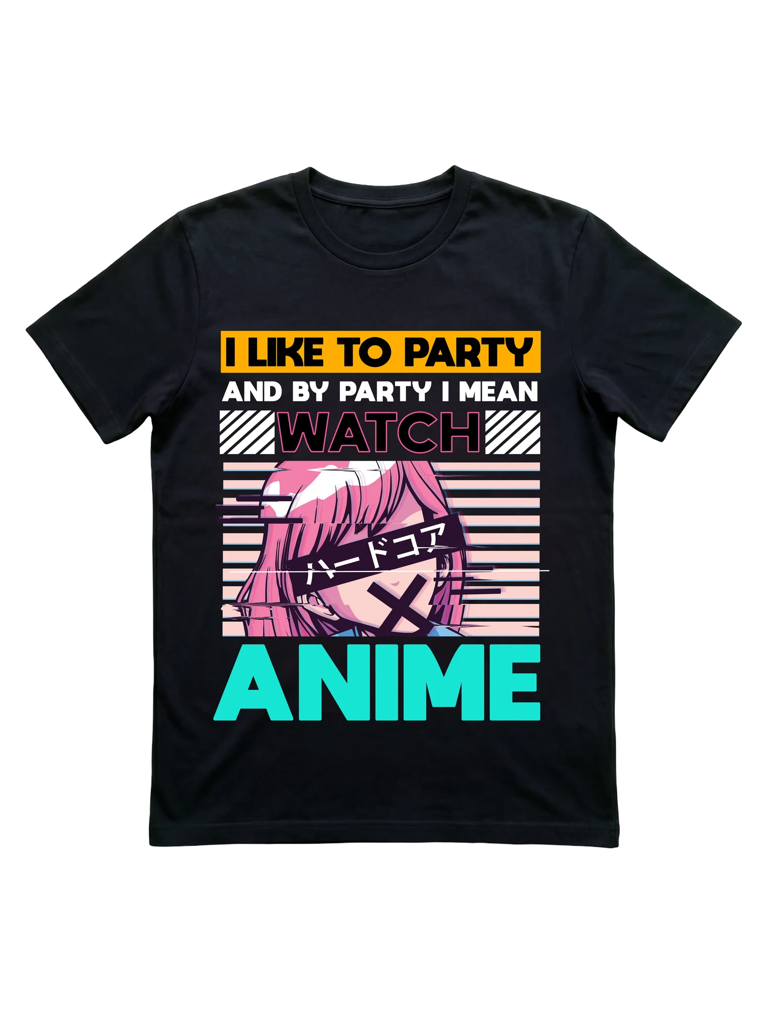 Stacked three-banner layout on white: yellow-orange top bar reading 'I LIKE TO PARTY' in black, pink mid-block reading 'WATCH,' centered glitch-aesthetic pink-haired manga portrait with diagonal black katakana sash and horizontal scan-line elements, cyan teal bottom bar reading 'ANIME.'