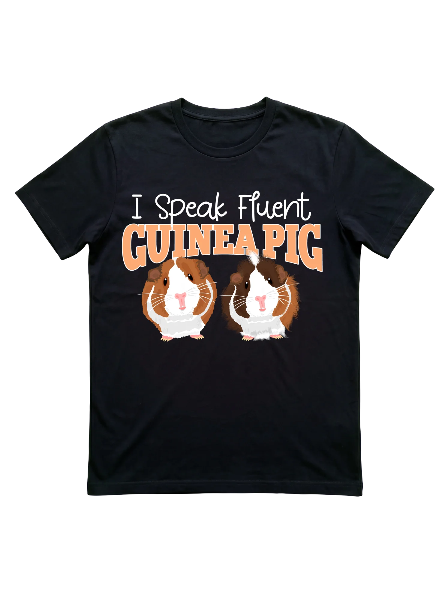 Two photorealistic illustrated guinea pigs, one reddish-brown and white, one darker brown and white, face each other beneath a bold peach-orange collegiate arch lettered GUINEA PIG on a white background. Warm, earthy palette, detailed fur rendering.