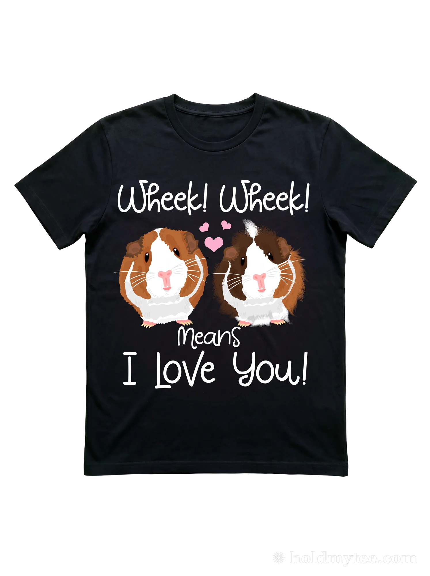 Two kawaii cavies and a wheek-as-love-language script anchor this guinea pig t-shirt