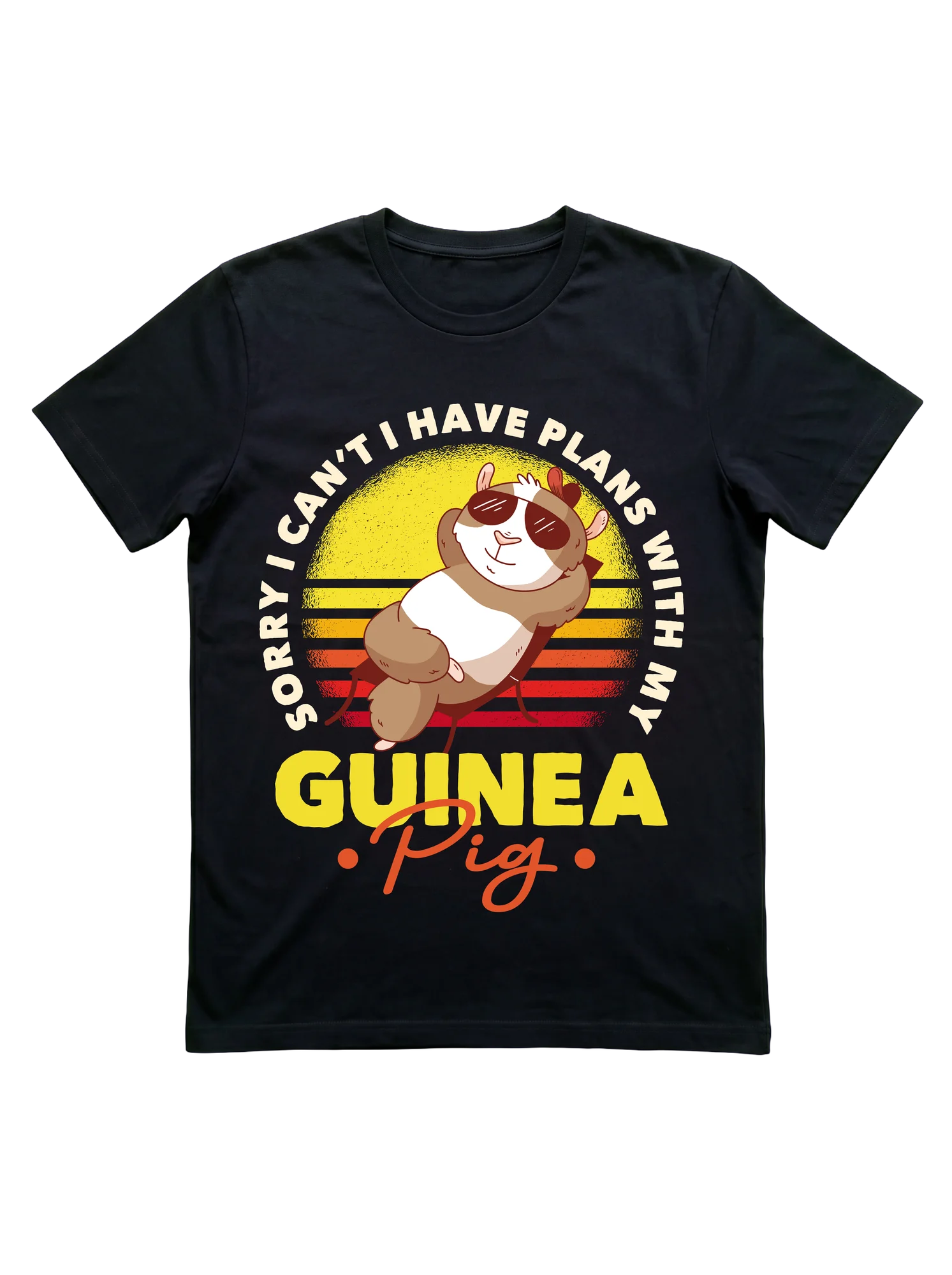 A round-bodied cartoon guinea pig wearing oversized sunglasses lounges casually in front of a retro halftone sunset composed of concentric horizontal stripes in yellow, orange, and red. The circular sun carries a pixelated grid border. Bold retro typography in yellow and burnt-orange fills the lower half of the composition.