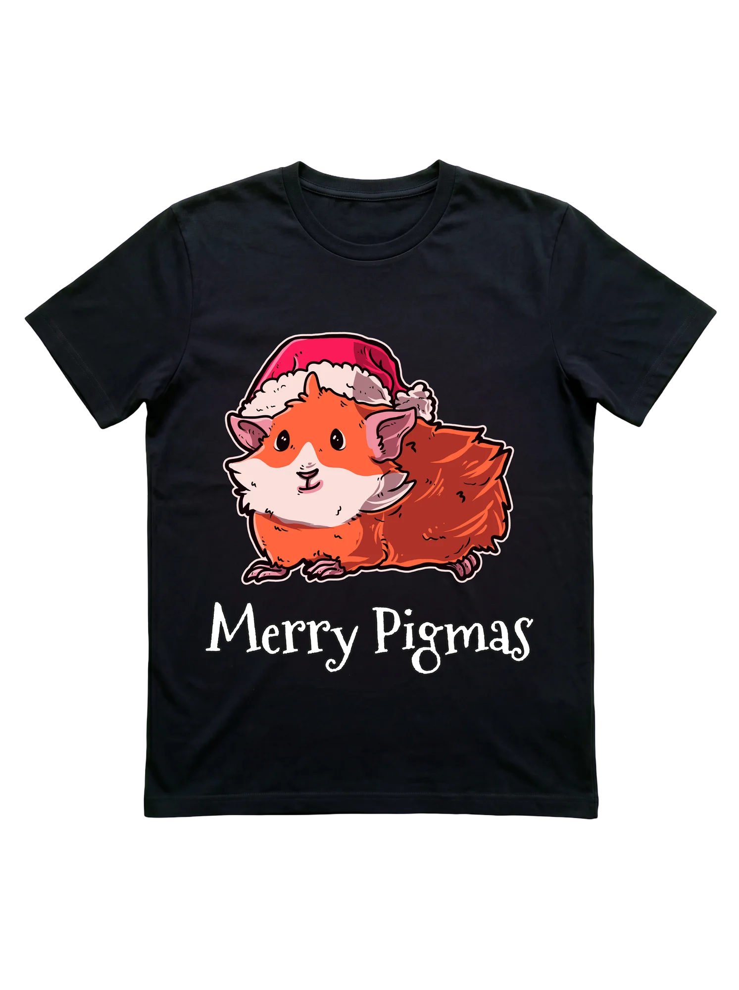 A warm orange guinea pig in detailed ink-sketch style with a cream belly and round black eyes, wearing a red Santa hat with white fluffy trim. The cavy sits in a compact low pose. "Merry Pigmas" appears below in hand-lettered outline script on a white background.