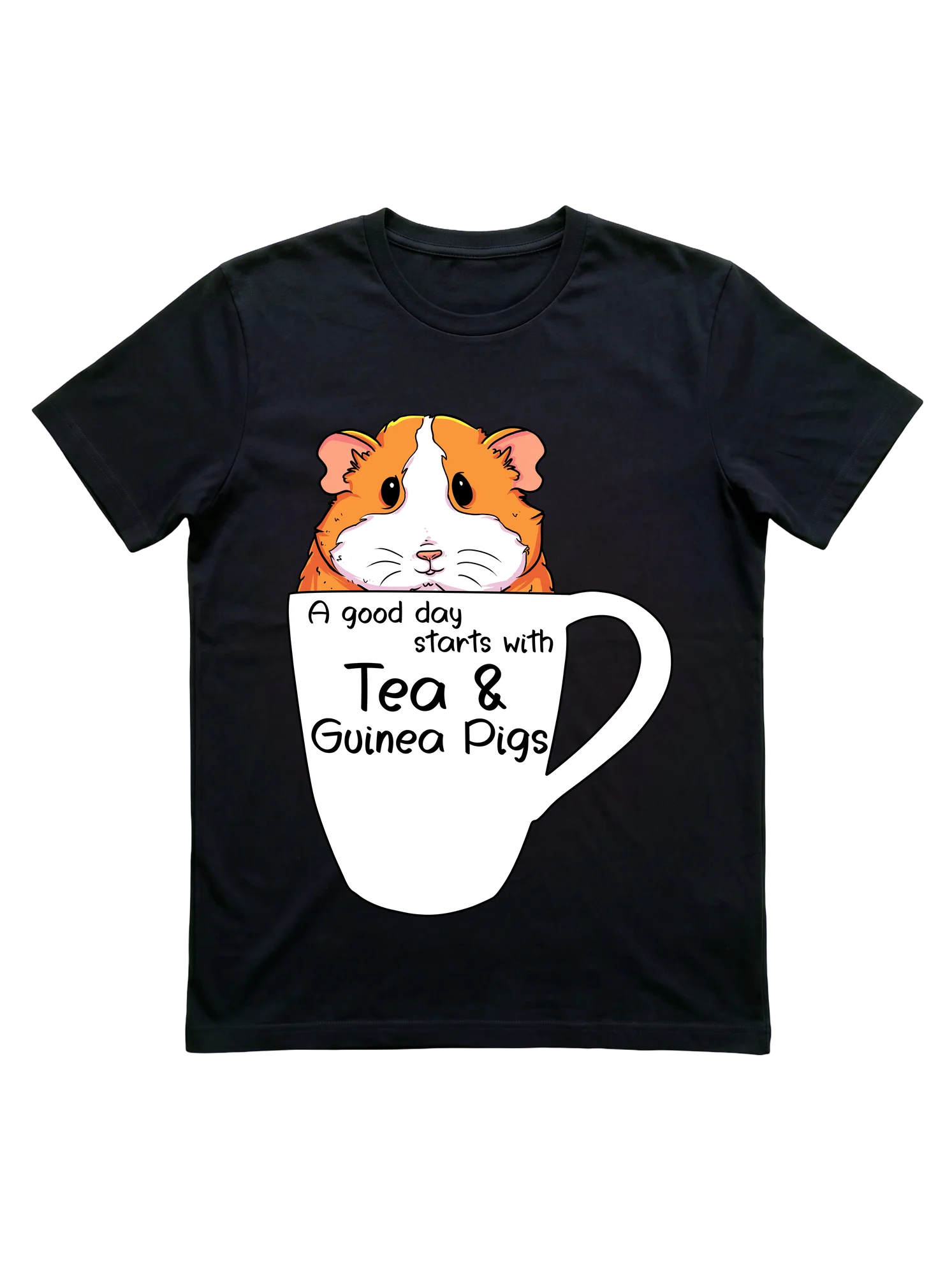 Orange and white illustrated guinea pig peeks over the rim of a white teacup on a black background. Hand-lettered text in mixed script and bold display typefaces spans the mug face. Warm ochre tones contrast against the stark black ground.