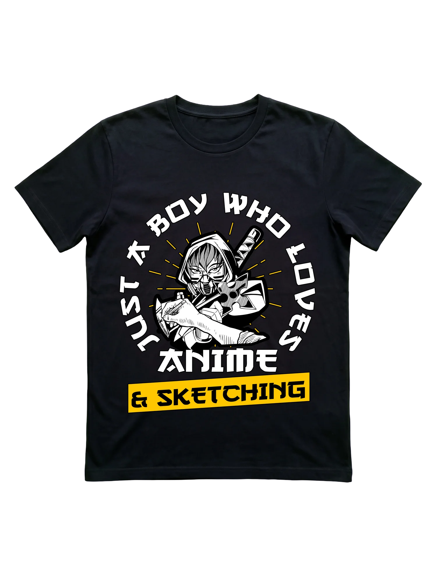 Black background, hooded masked anime character in cyberpunk armor leaning forward with drawing pen. Circular arc text reads 'JUST A BOY WHO LOVES' at top, 'ANIME' in heavy white type centered, yellow banner at base reading '& SKETCHING'. High-contrast monochrome linework with yellow accent.