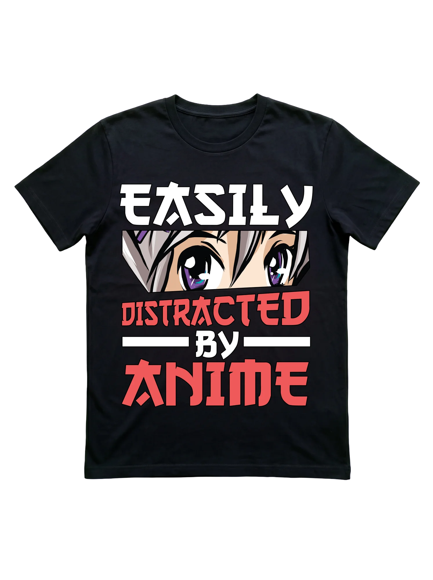 Black-red-white composition: cropped violet-irised anime eyes at center panel, katakana-bold 'EASILY' in white at top, large red 'ANIME' at bottom, distressed red 'DISTRACTED BY' band cutting across the middle. Dramatic lashes, silver hair framing.