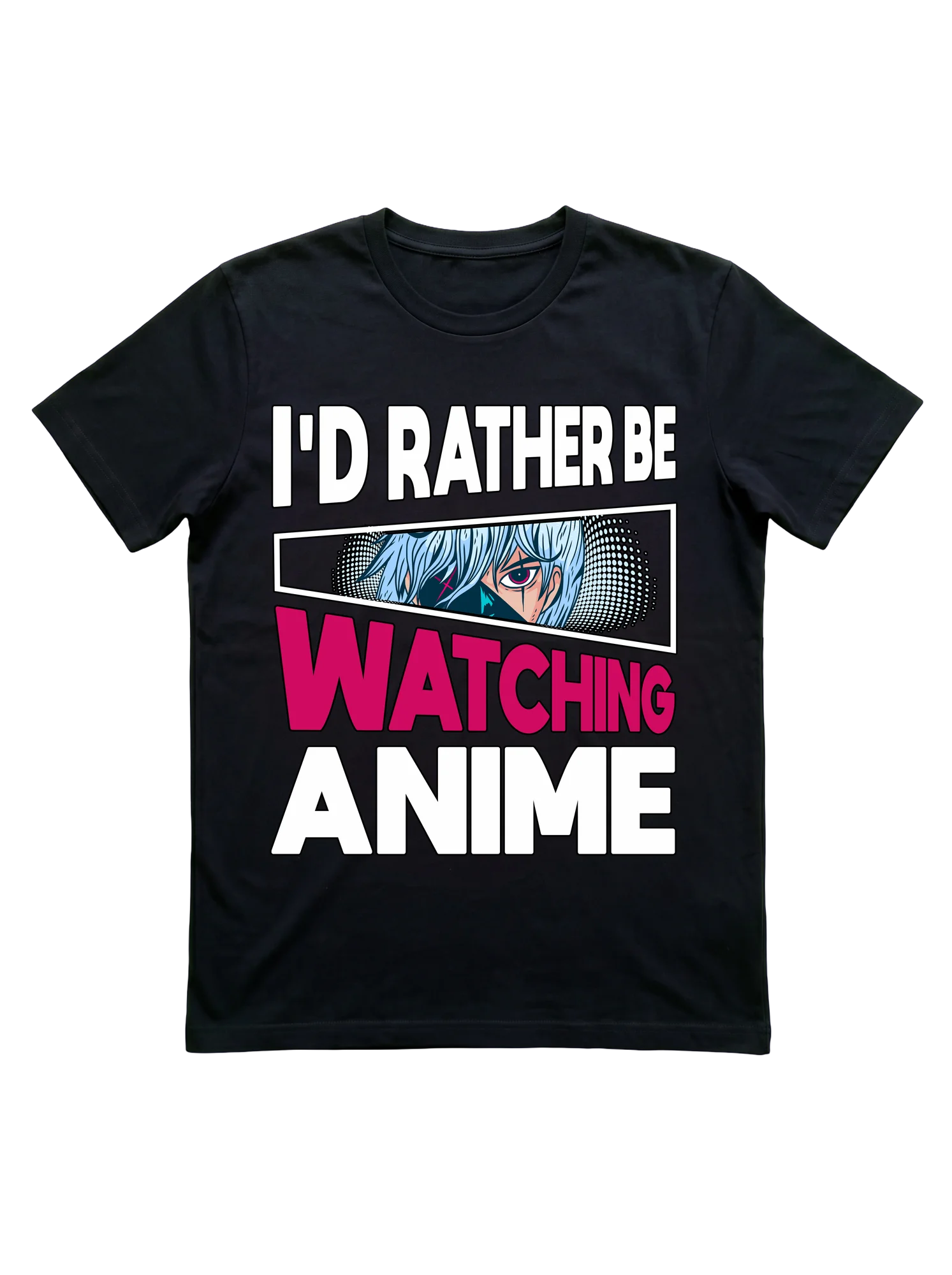 Stacked three-register layout on white ground. Top: bold white outlined block letters. Center: manga character with silver-blue hair and one intense magenta eye, framed in a halftone-dotted diagonal strip. Magenta bar carries oversized outlined WATCHING type. Black base bar holds ANIME in white block letters.