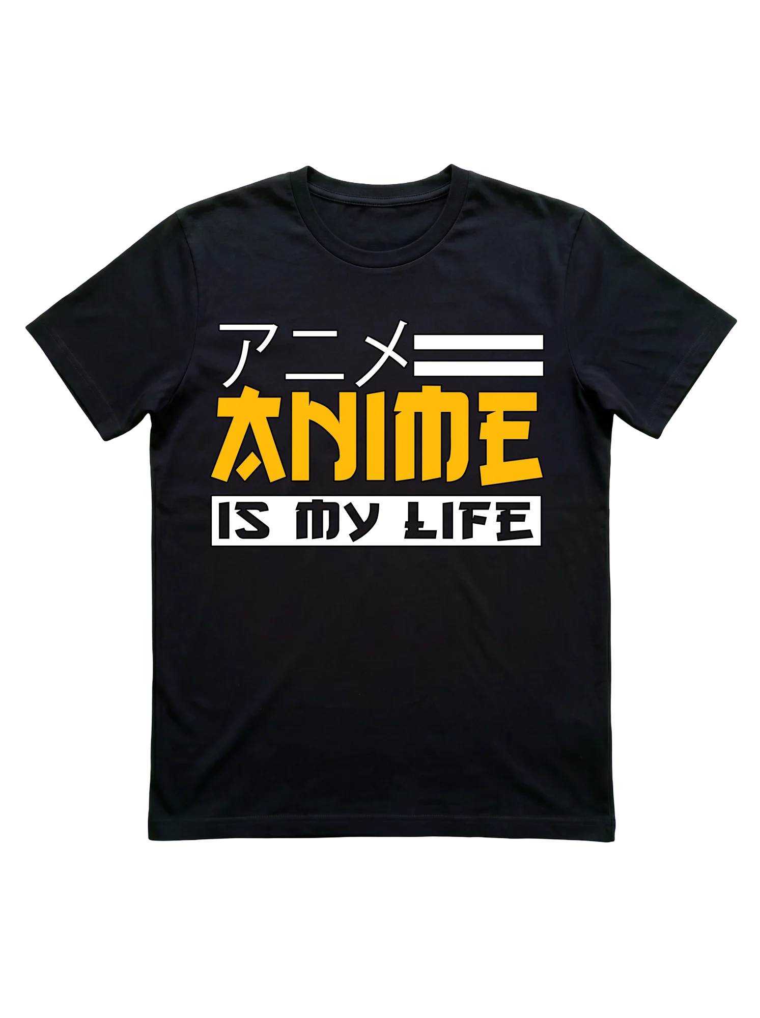 Stacked three-tier typographic design on white: outline katakana アニメ with horizontal rule bars at top, oversized ANIME in amber-gold block letters with drop shadow at center, and IS MY LIFE in white outlined capitals inside a black-bordered rectangular frame below.