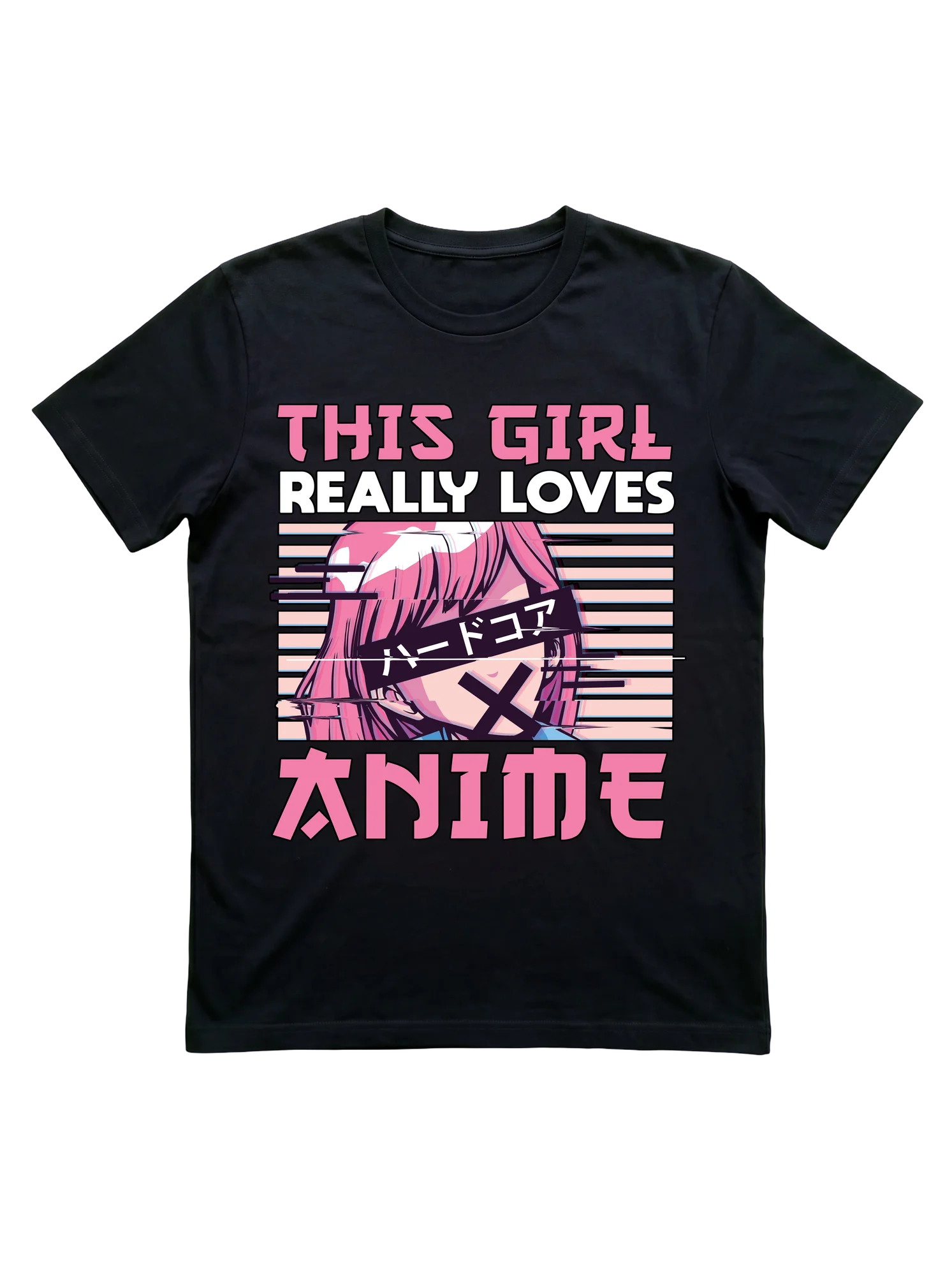 Profile view of a pink-haired anime girl rendered in manga linework, layered across alternating pink and white horizontal scan lines. Bold stacked typography reads THIS GIRL / REALLY LOVES / ANIME with Japanese katakana overlaid on the character. Pink, black, and white palette with glitch-distortion framing.