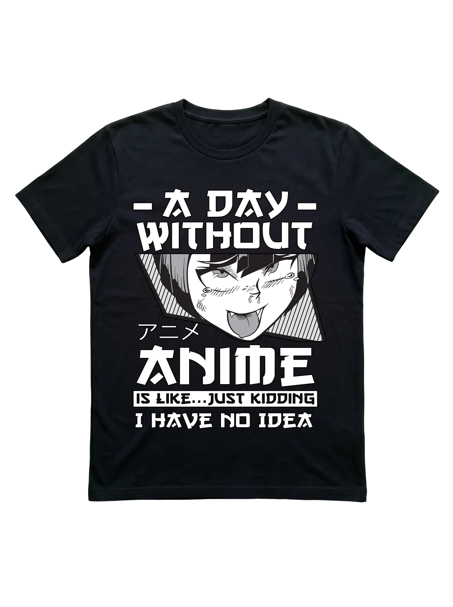 Stark black-and-white print with a manga-panel close-up of an anime girl with sweat drops, spiral eyes, and visible fang, set inside diagonal crop marks. Stacked outlined block typography above and below delivers the full punchline. Katakana inset label sits lower left of the panel.