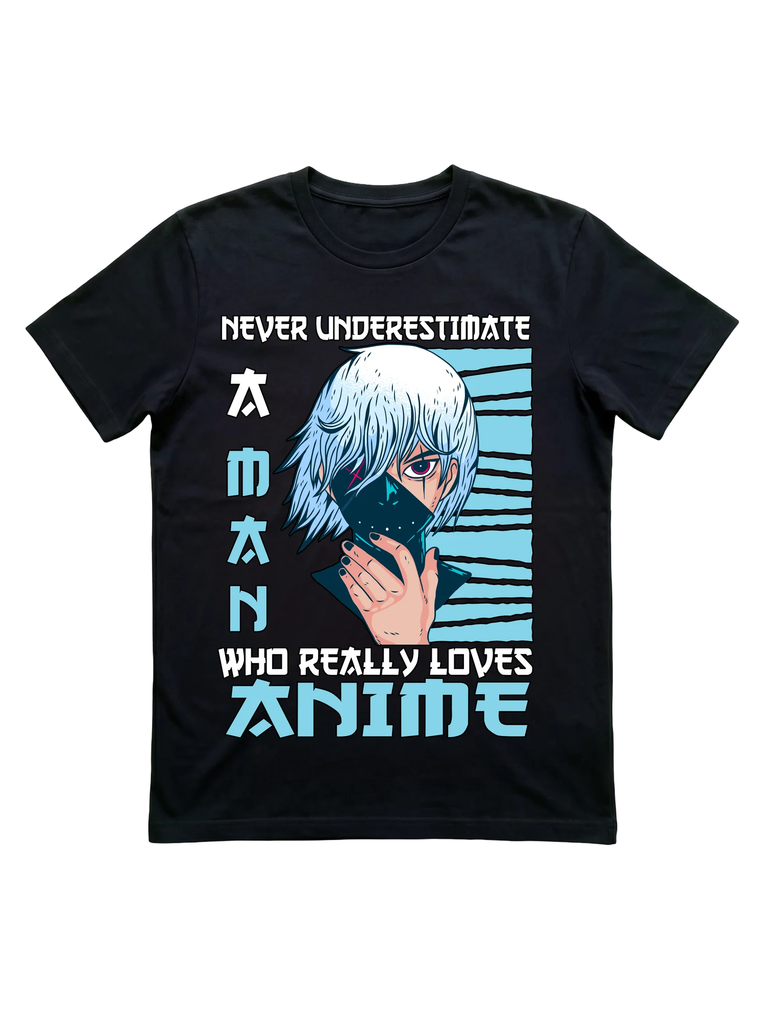 White-haired anime character in three-quarter portrait, one red eye and cross-shaped scar mark visible above a dark mask held by one hand with dark nails. Block military-style typography frames top and bottom. Vertical kanji column in teal and white on the left. Background splits into solid black and teal with horizontal stripe texture.