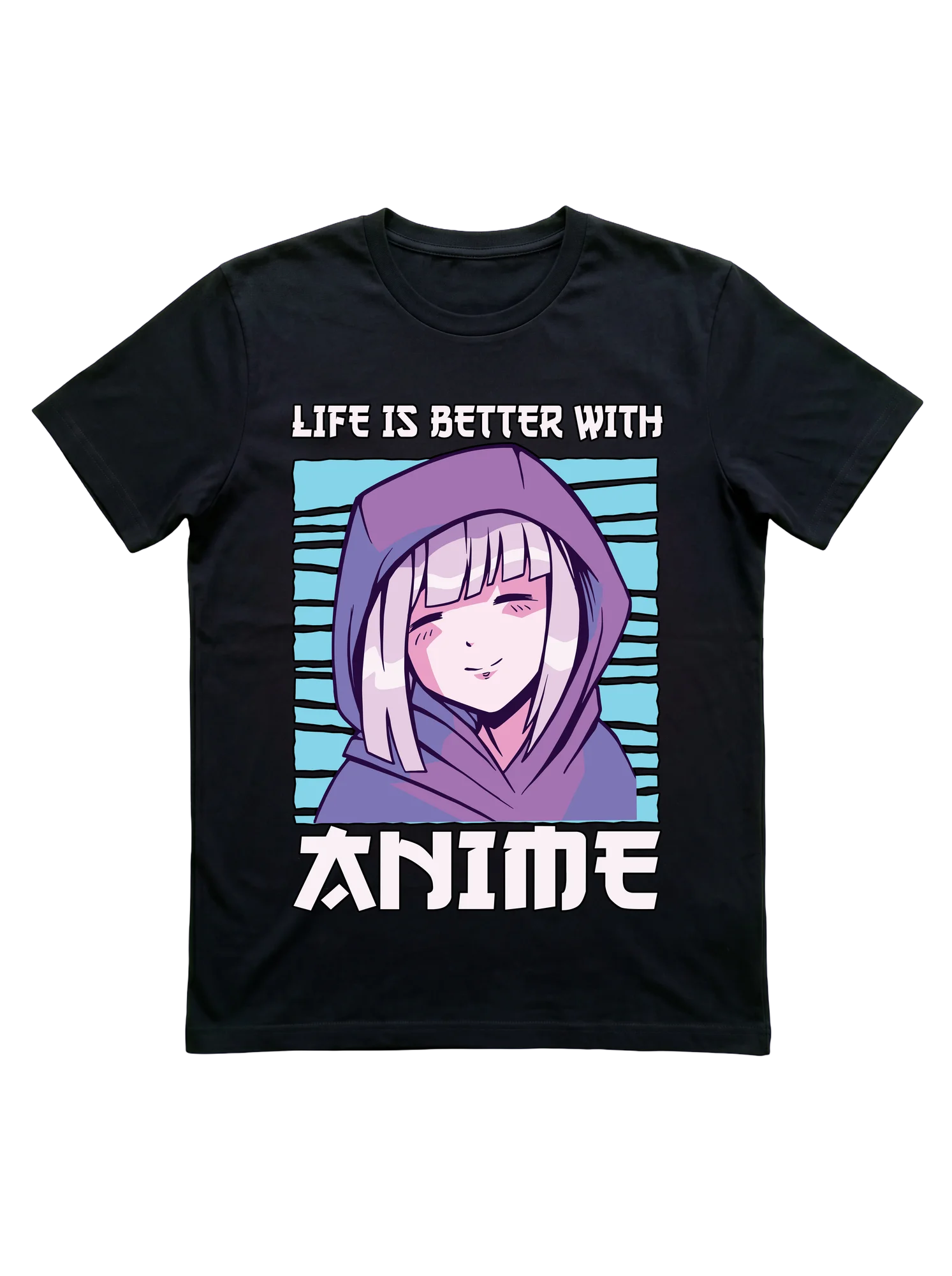 Cyan-stripe panel anime t-shirt that signals fandom in one quiet line