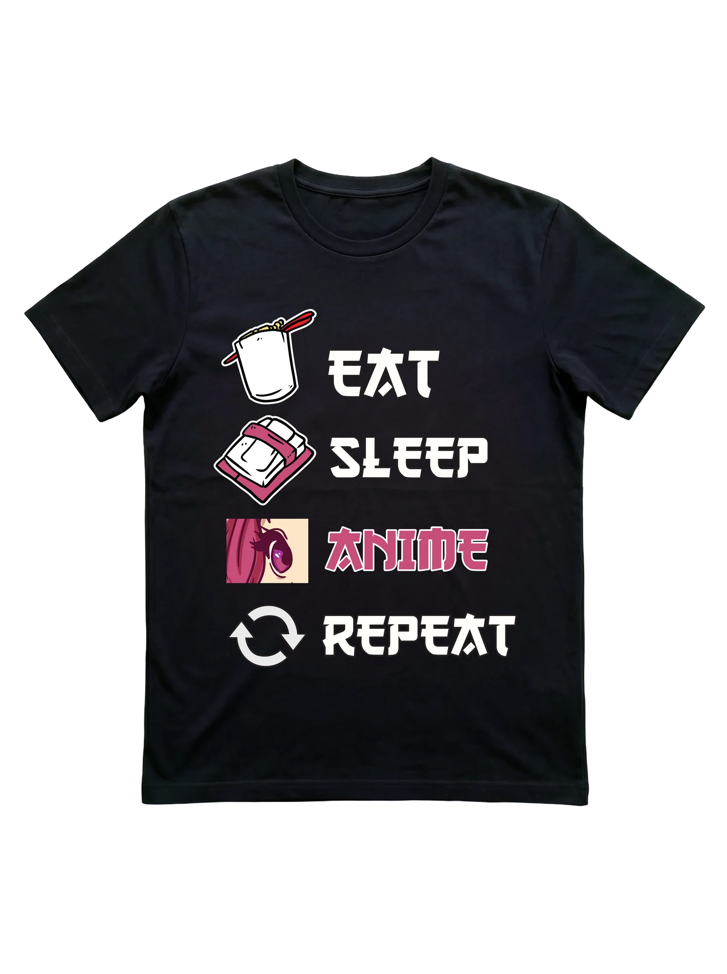 Four-row vertical layout on black: ramen cup with chopsticks, stacked pink manga volumes, cropped kawaii anime eye panel in cream, and a circular-arrow refresh icon. Each icon pairs with white or rose-pink blocky arcade-style lettering spelling EAT, SLEEP, ANIME, REPEAT.