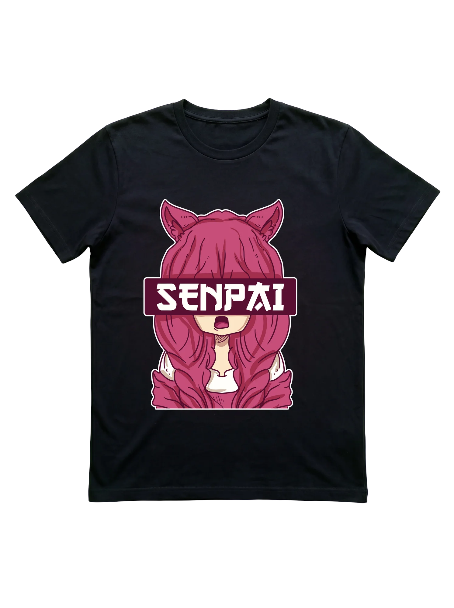 Chibi anime girl with pointed cat ears and flowing pink-magenta hair, white sticker outline on black background. A dark maroon horizontal band crosses her eyes with SENPAI in bold white custom type. Slight open-mouth expression, pink outfit, kawaii sticker-art composition centered on black.