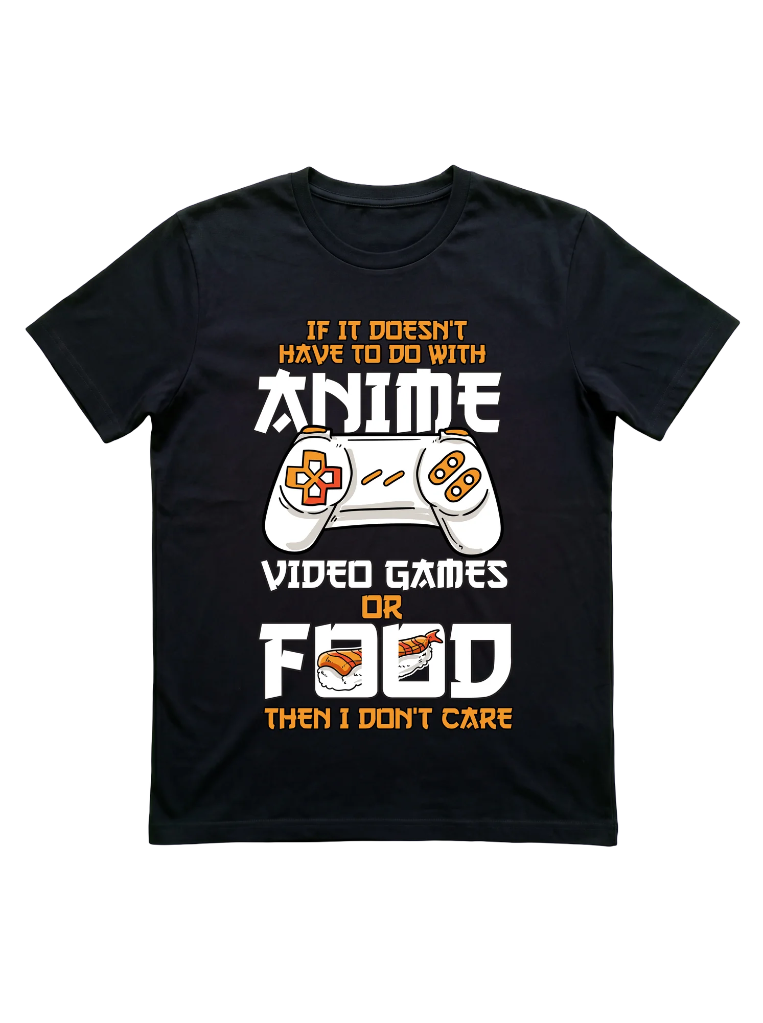 Stacked block typography on black, white cartoon game controller centered mid-design, two sushi nigiri illustrations replacing the O's in 'FOOD,' orange-gold accent type framing the upper and lower lines. Bold pixel-influenced lettering. Full-color sushi art on an otherwise two-tone layout.