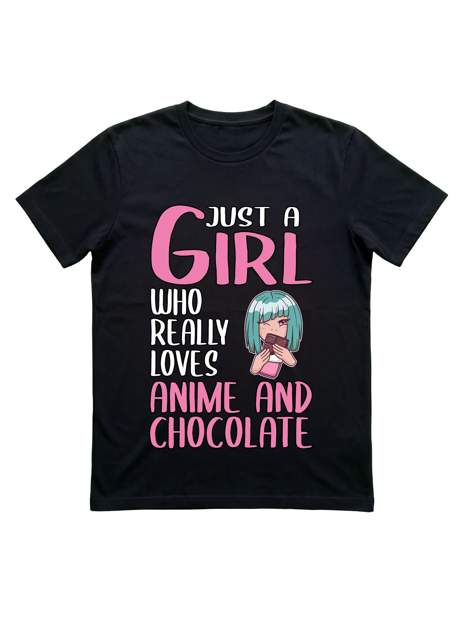 Black background with stacked mixed-weight typography in white and hot pink. 'GIRL' dominates in oversized pink type. A kawaii chibi character with a teal bob holds a chocolate bar at cheek level mid-composition. 'ANIME AND CHOCOLATE' anchors the lower third in large pink lettering.