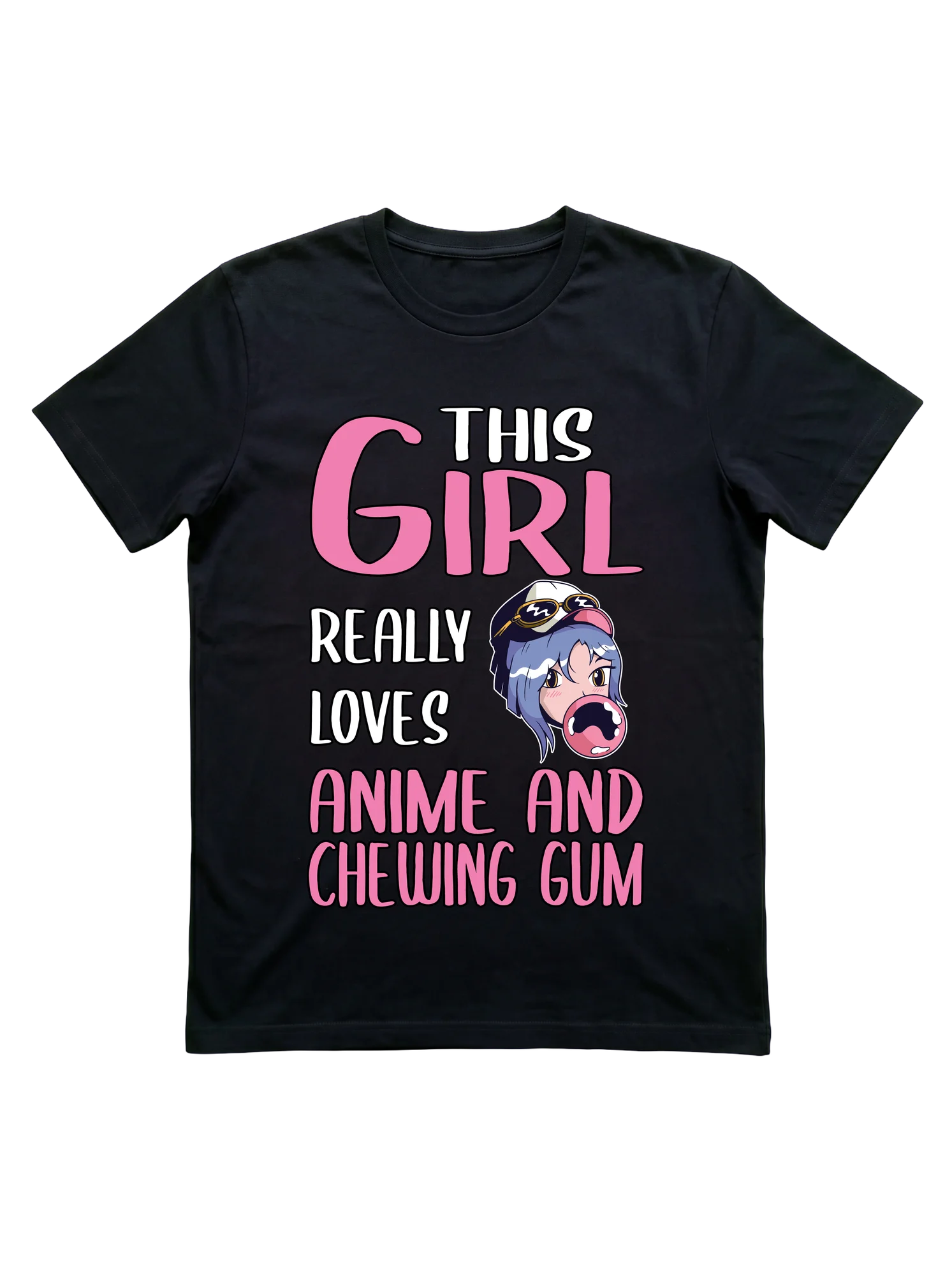 Black background with bold stacked typography in alternating pink and white text. A kawaii-style anime girl with blue hair, gold aviator goggles pushed up on her forehead, and a pink bubble gum bubble mid-blow appears at center-right between the text lines.