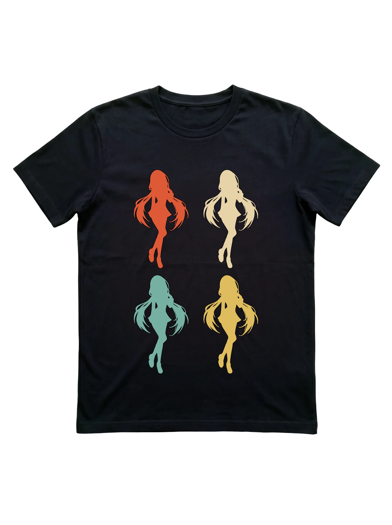 Four female anime silhouettes arranged in a 2x2 grid, each filled in a distinct retro muted tone: terracotta, warm sand, sage teal, and golden mustard. Long flowing hair strands define the organic edges. No typography. Solid-fill composition with no interior linework.