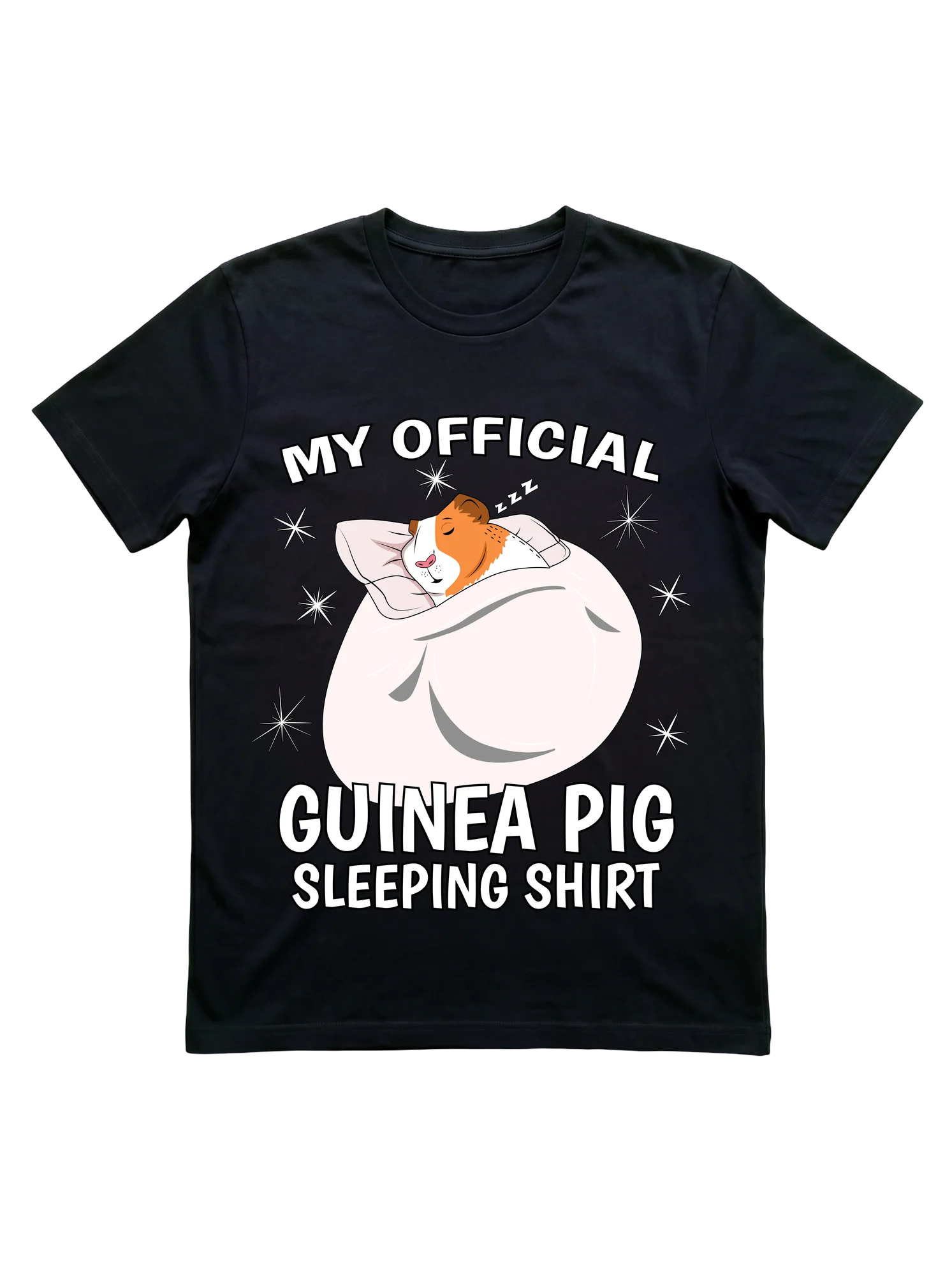 Black background. Centered kawaii-style brown-and-white cavy sleeping on a cream pillow under a light pink blanket, 'ZZZ' floating above its head, sparkle stars scattered around the figure. 'MY OFFICIAL' arched in white bubbly caps at top, 'GUINEA PIG SLEEPING SHIRT' in large white block letters at bottom.