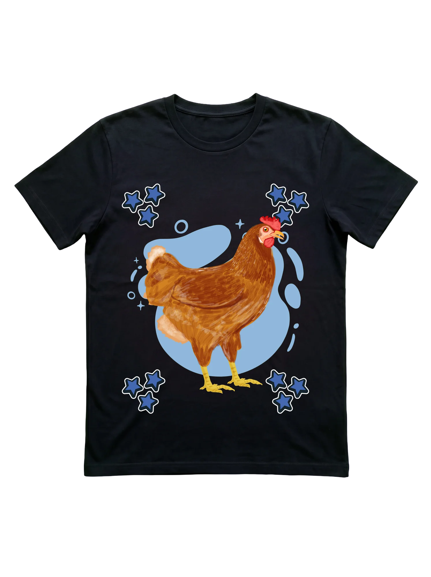 The painted-hen-and-blue-stars chicken t-shirt that carries quiet flock pride
