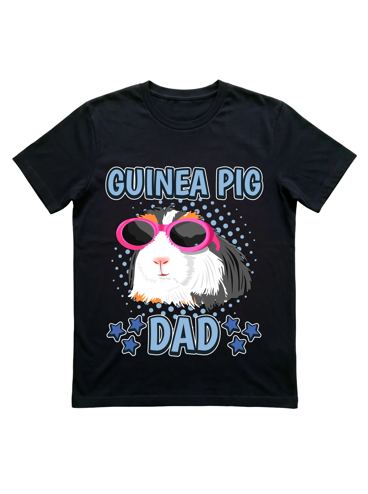 Tricolor guinea pig portrait centered on a black background, wearing oversized pink sunglasses with dark lenses. Bold light-blue block lettering spells GUINEA PIG above and DAD below, flanked by dark-blue six-pointed stars, with scattered light-blue dot confetti.