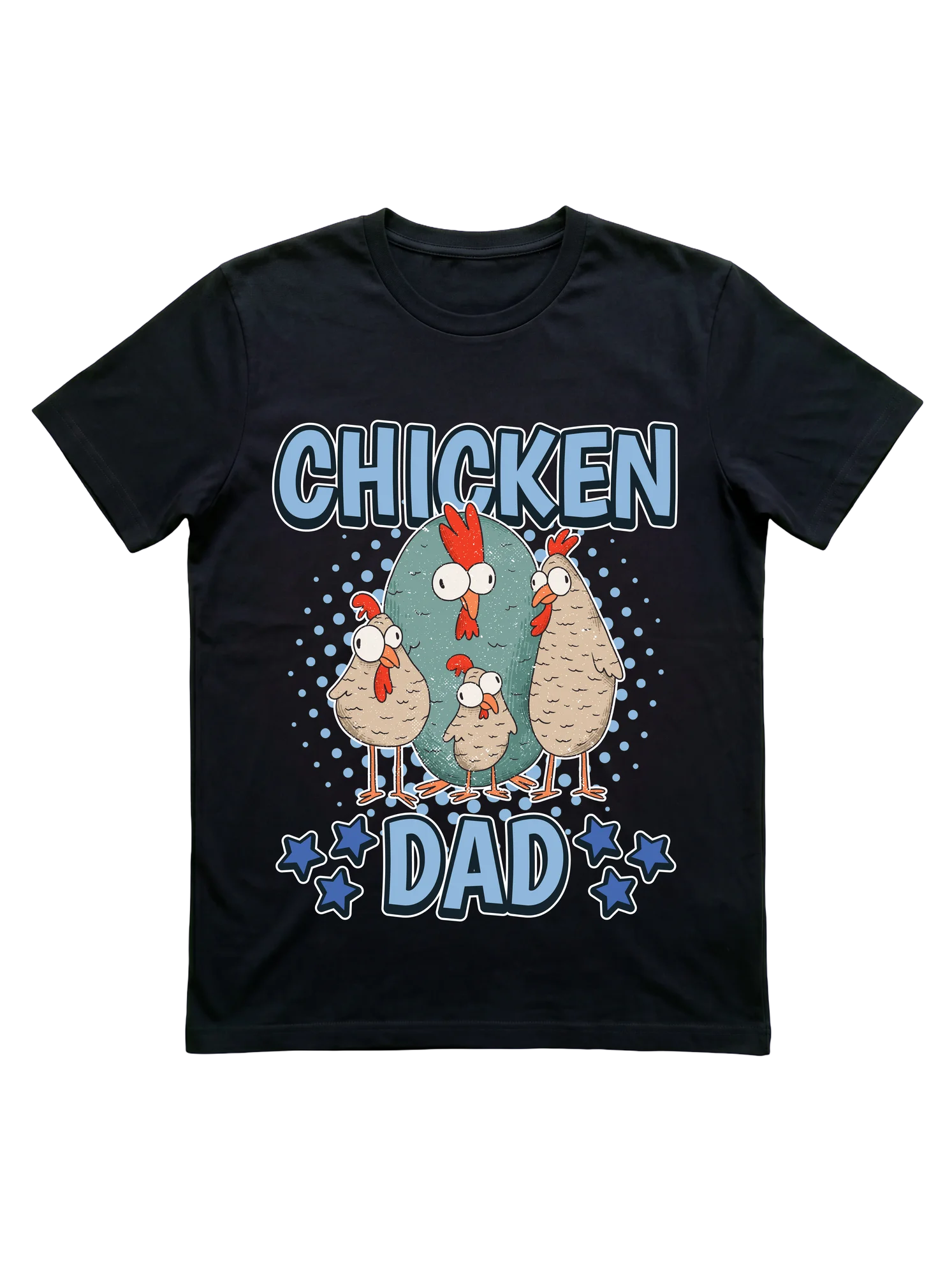 Whether you keep three hens or thirty, this cartoon chicken dad t-shirt says it loud