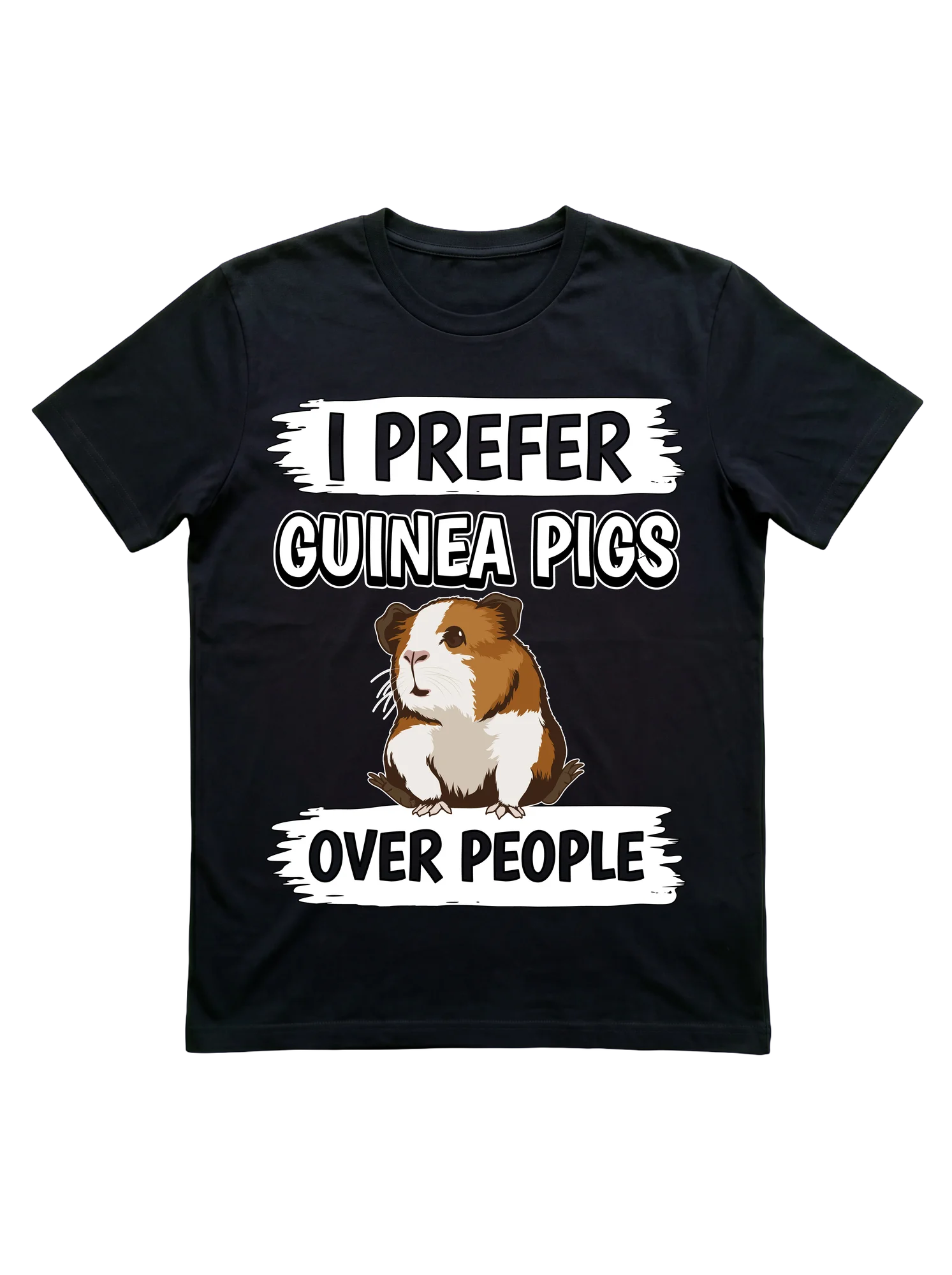 Black background with three stacked text bands: 'I PREFER' and 'OVER PEOPLE' on white brush-stroke banners, 'GUINEA PIGS' in bold white outlined block letters at center. Photorealistic brown-and-white cavy in seated pose, detailed fur texture, direct forward gaze.
