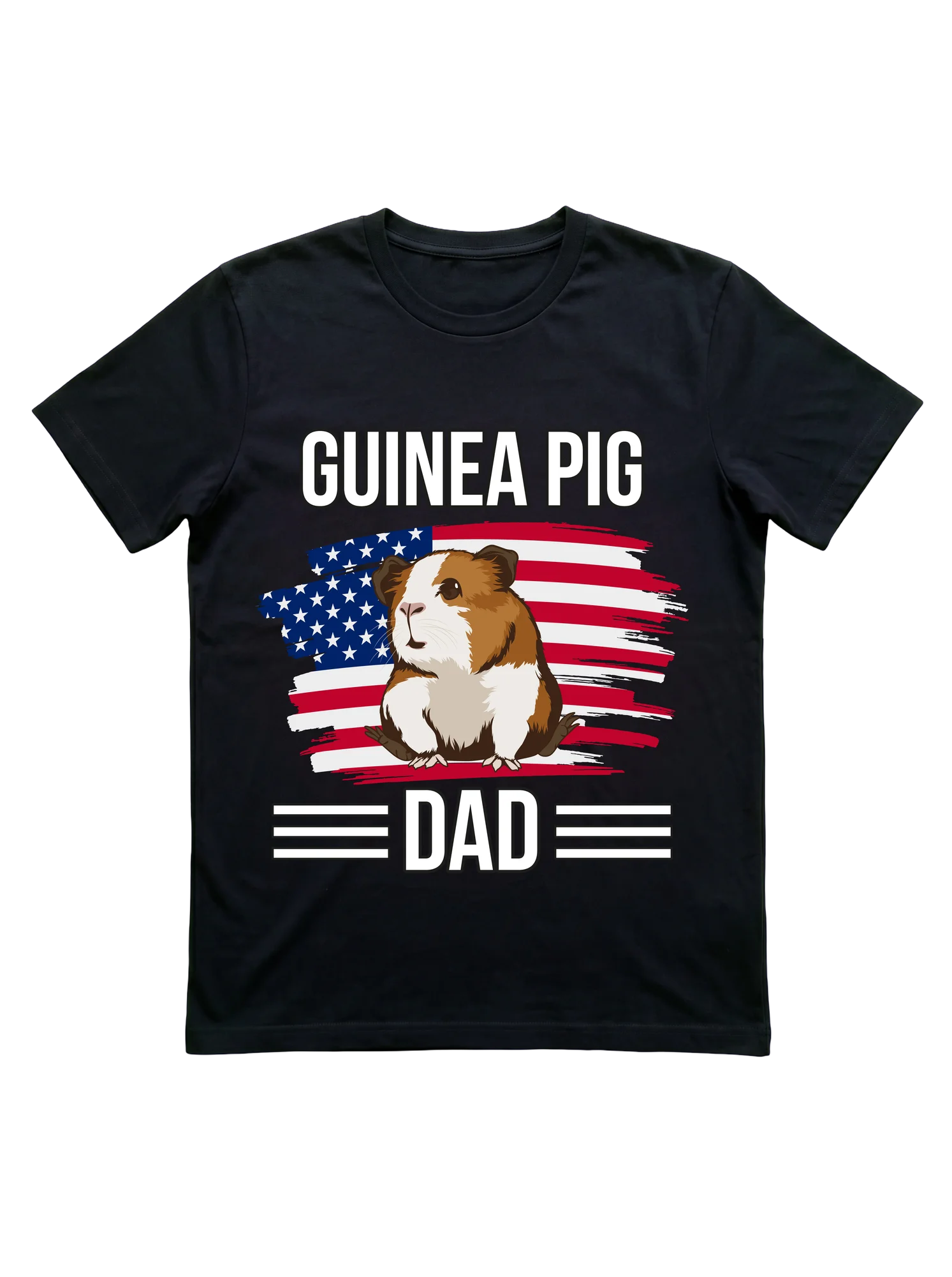 Bold black-background print featuring a photorealistic brown and white guinea pig centered over a distressed brushstroke American flag in red, white, and blue. 'GUINEA PIG' in large white block letters tops the composition; 'DAD' in matching type anchors the bottom, flanked by decorative horizontal white bars.