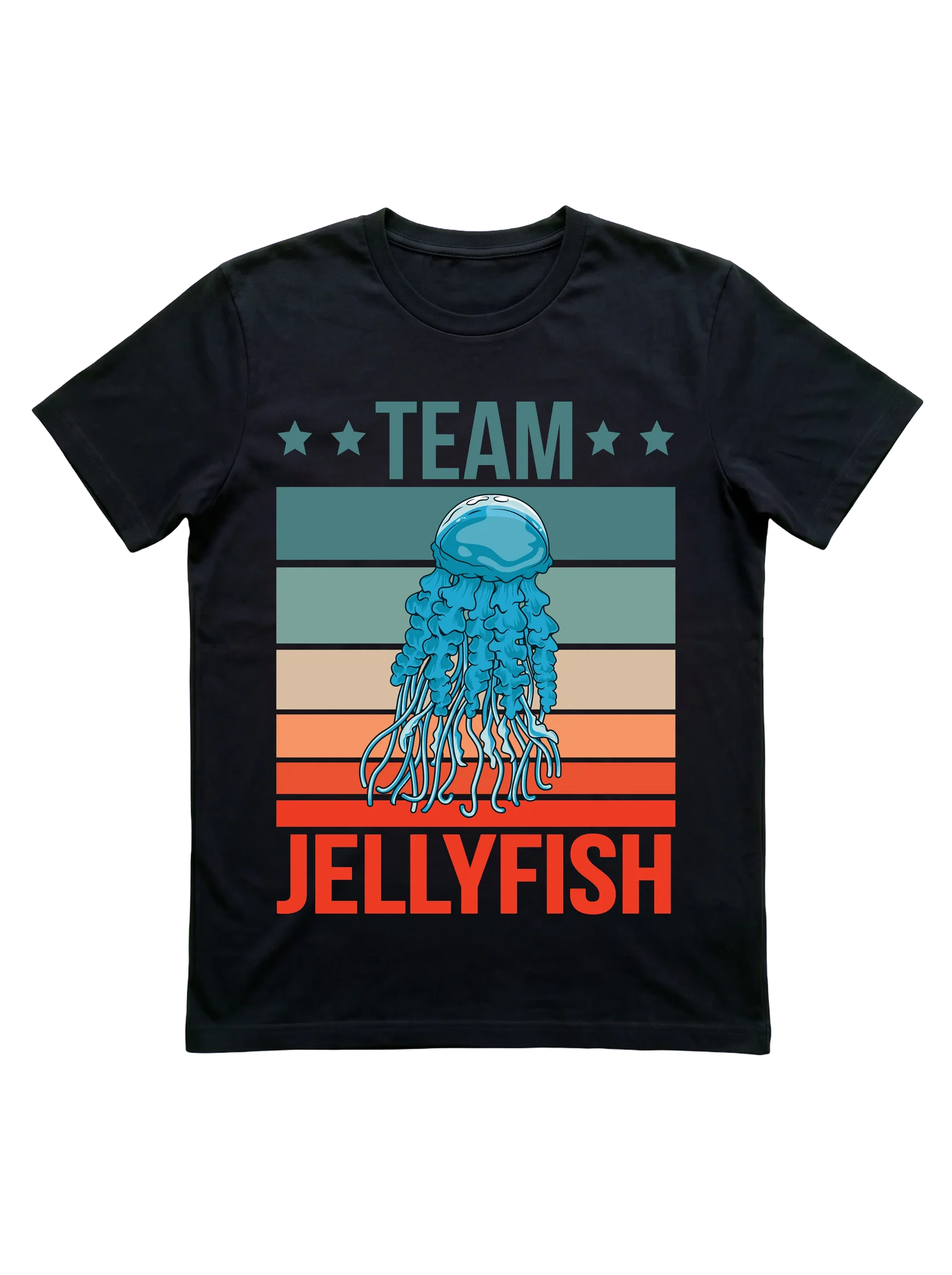 Team Jellyfish across a retro five-stripe horizon