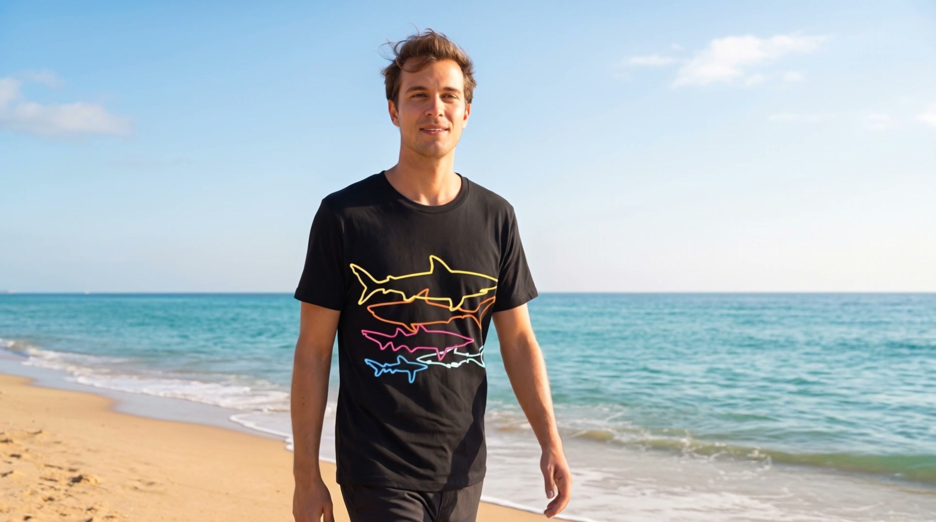 Man wearing the black retro shark tee on a sunny beach, walking by the surf with the five colorful outline sharks on the chest